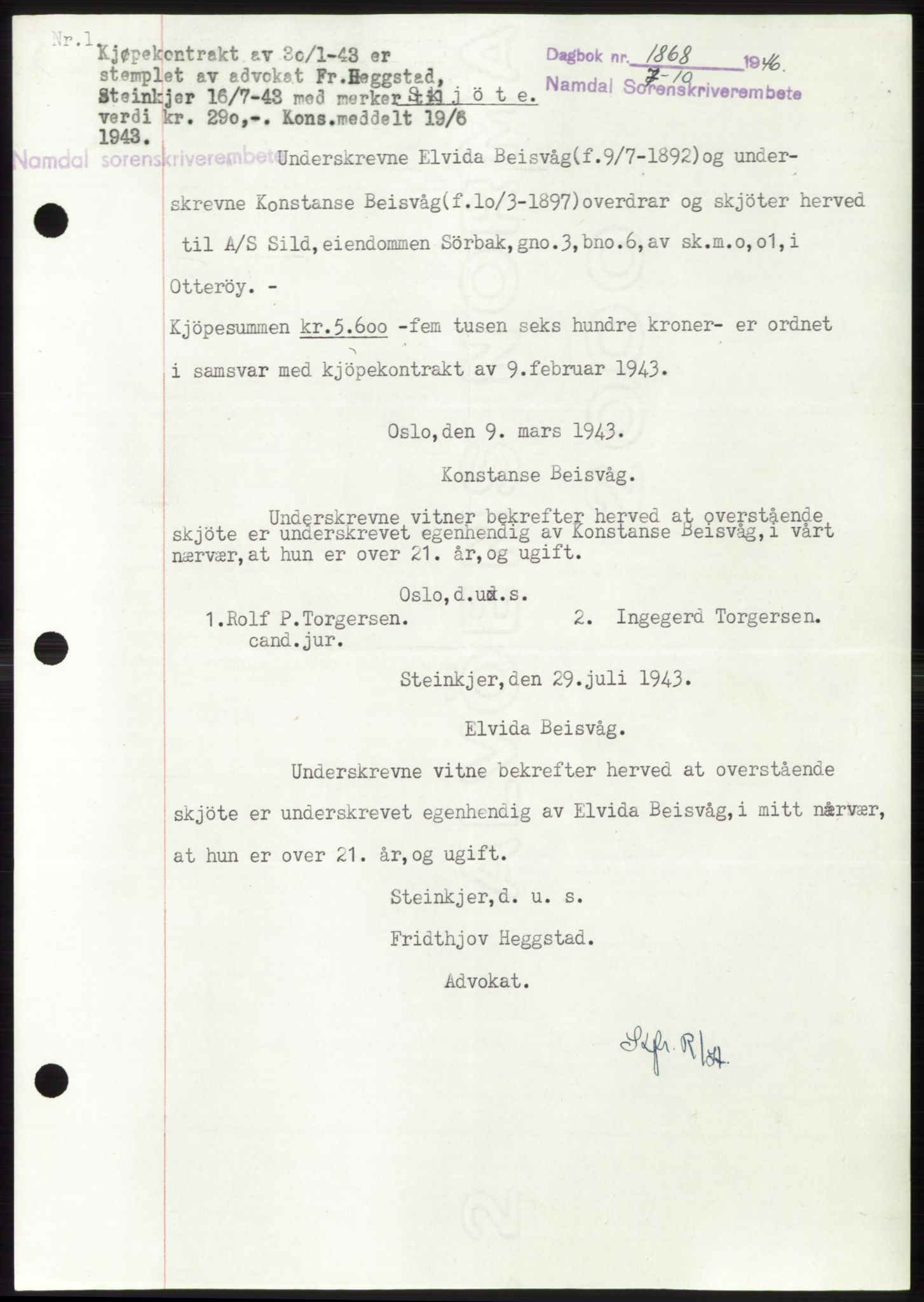 Namdal sorenskriveri, AV/SAT-A-4133/1/2/2C: Mortgage book no. -, 1946-1947, Diary no: : 1868/1946