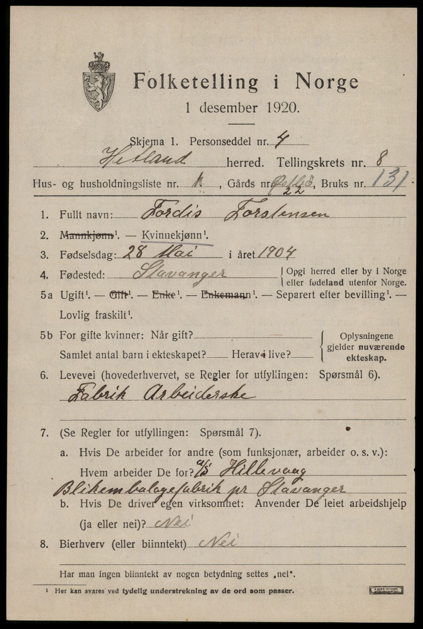 SAST, 1920 census for Hetland, 1920, p. 15449