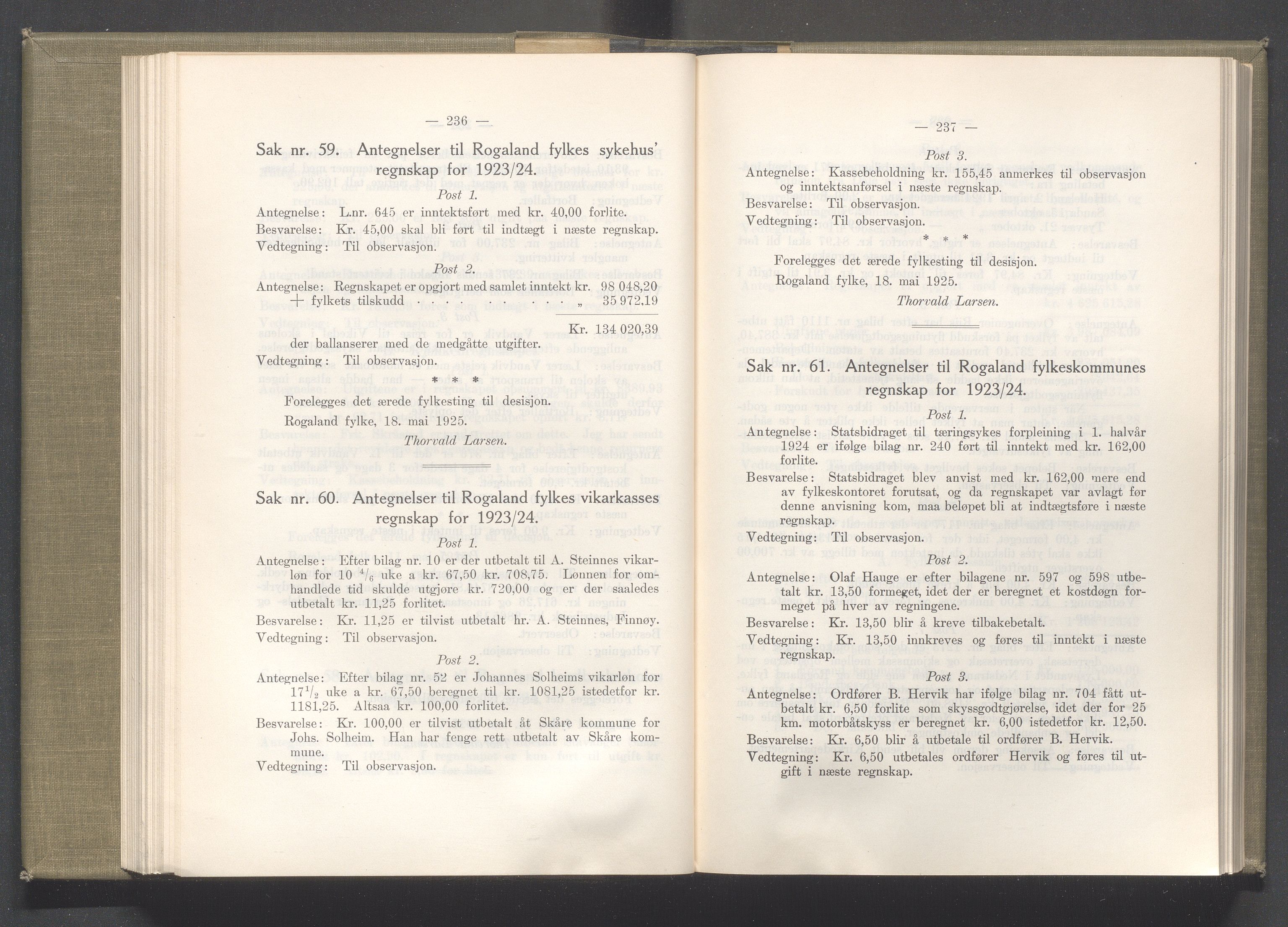 Rogaland fylkeskommune - Fylkesrådmannen , IKAR/A-900/A/Aa/Aaa/L0044: Møtebok , 1925, p. 236-237