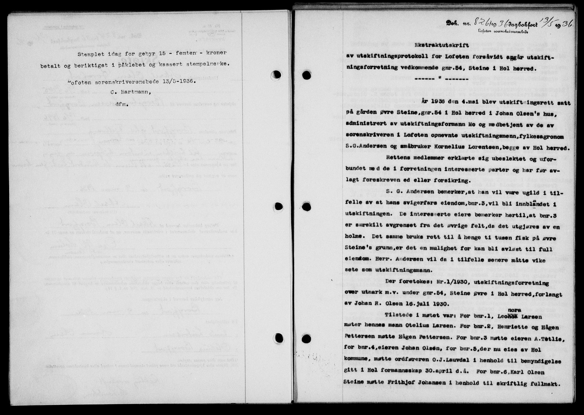 Lofoten sorenskriveri, SAT/A-0017/1/2/2C/L0033b: Mortgage book no. 33b, 1936-1936, Diary no: : 826/1936