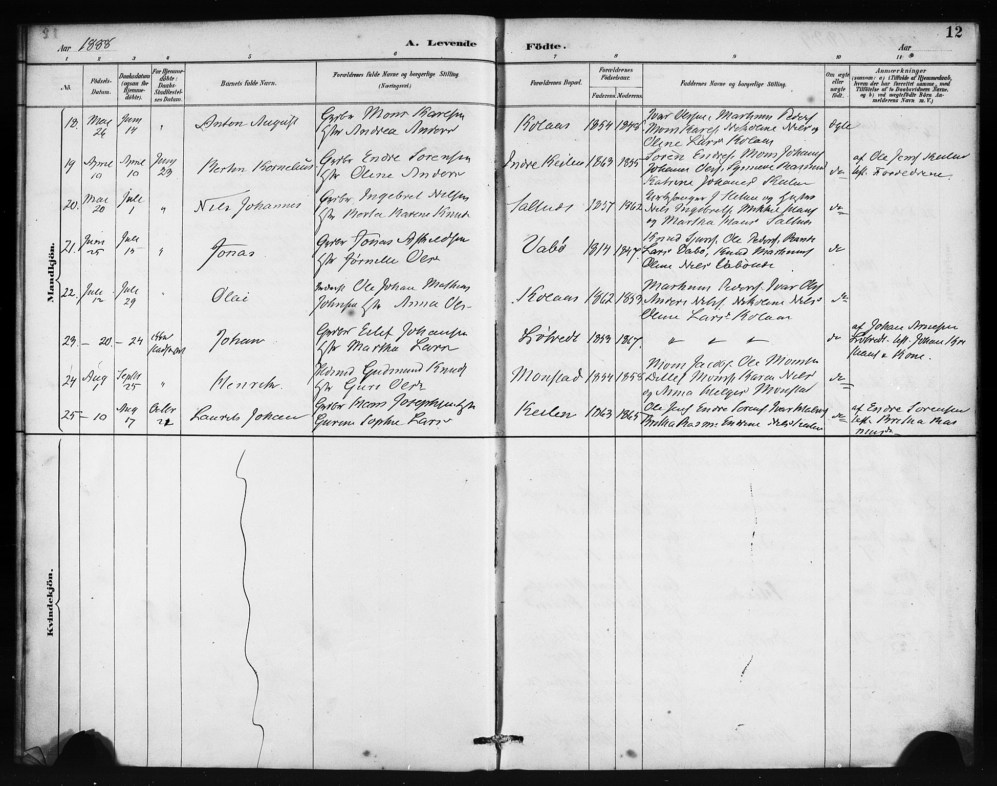 Lindås Sokneprestembete, SAB/A-76701/H/Haa: Parish register (official) no. B 1, 1886-1900, p. 12