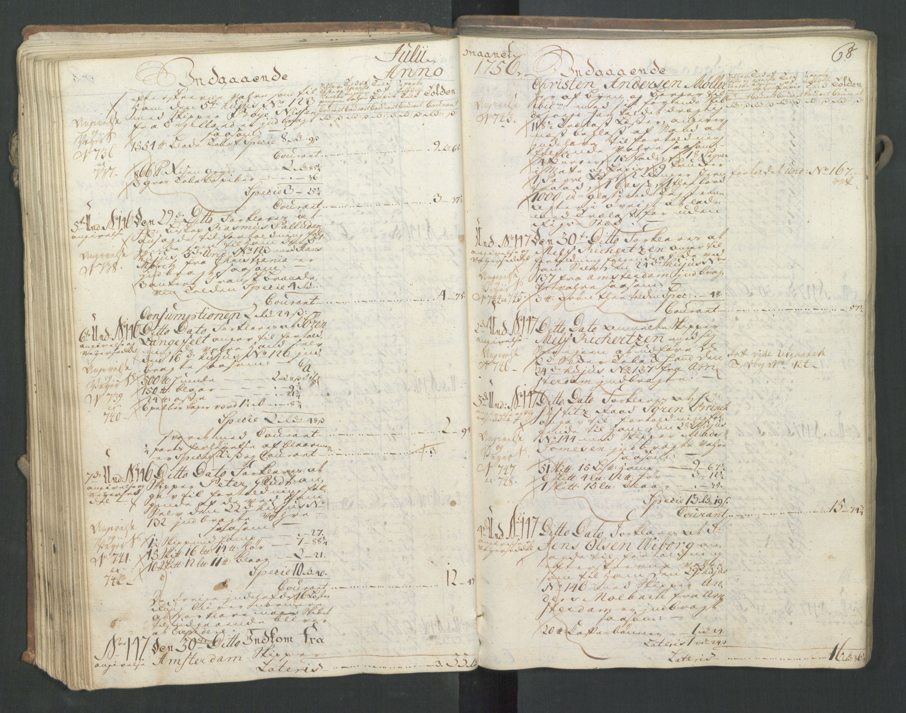 Generaltollkammeret, tollregnskaper, AV/RA-EA-5490/R16/L0033/0001: Tollregnskaper Kristiansand / Inngående hovedtollbok, 1756, p. 67b-68a