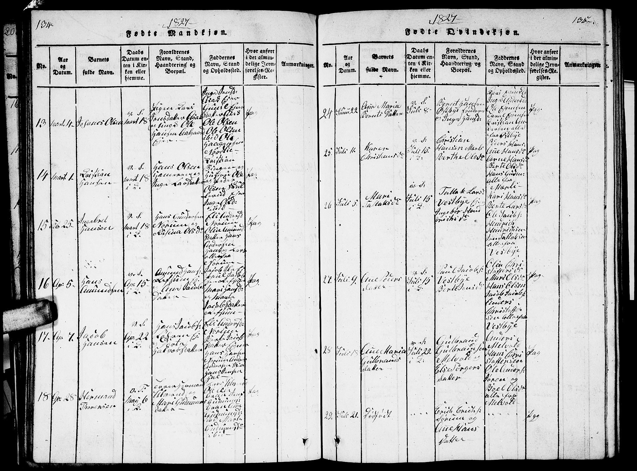 Sørum prestekontor Kirkebøker, SAO/A-10303/G/Ga/L0001: Parish register (copy) no. I 1, 1814-1829, p. 134-135