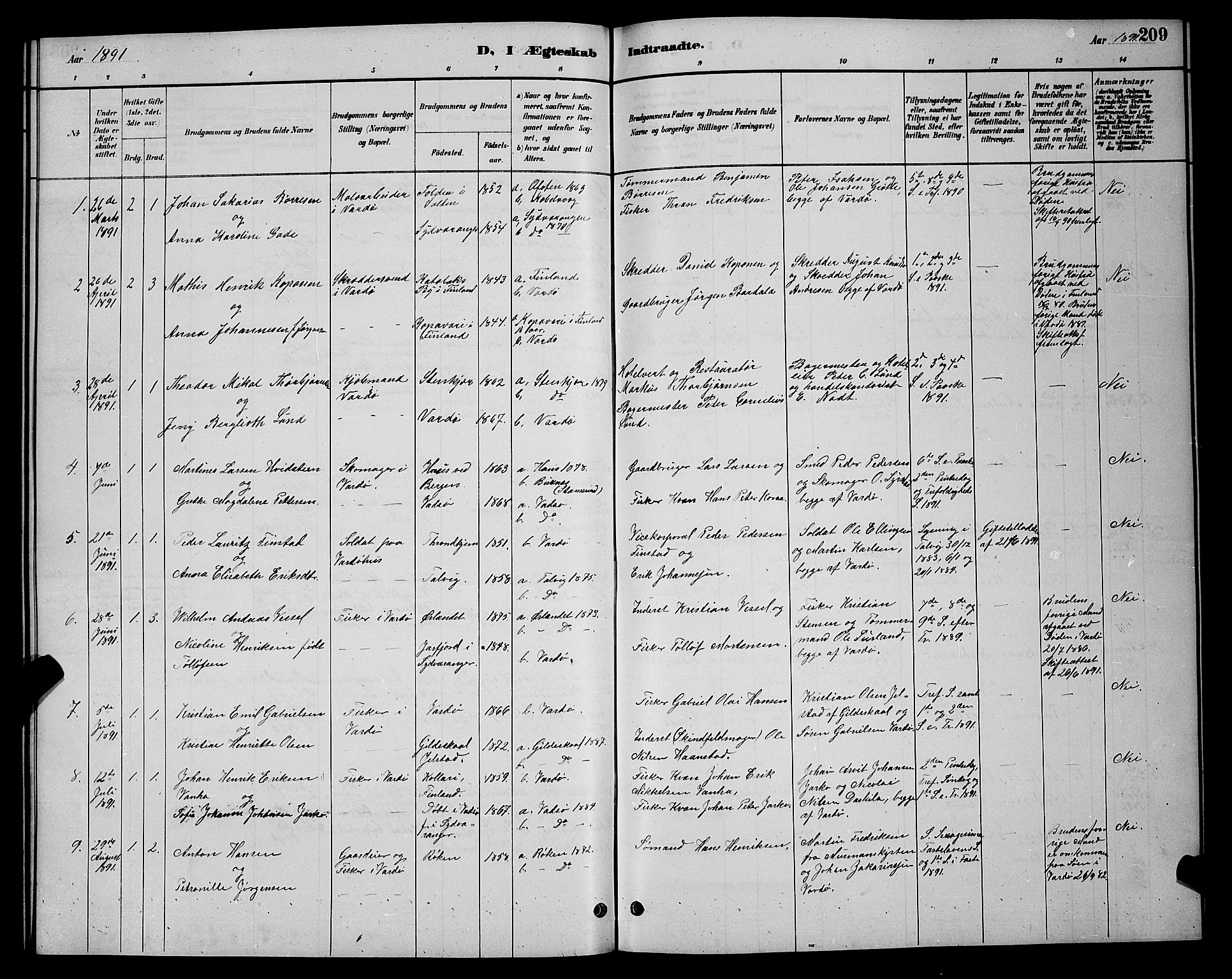 Vardø sokneprestkontor, SATØ/S-1332/H/Hb/L0005klokker: Parish register (copy) no. 5, 1887-1892, p. 209
