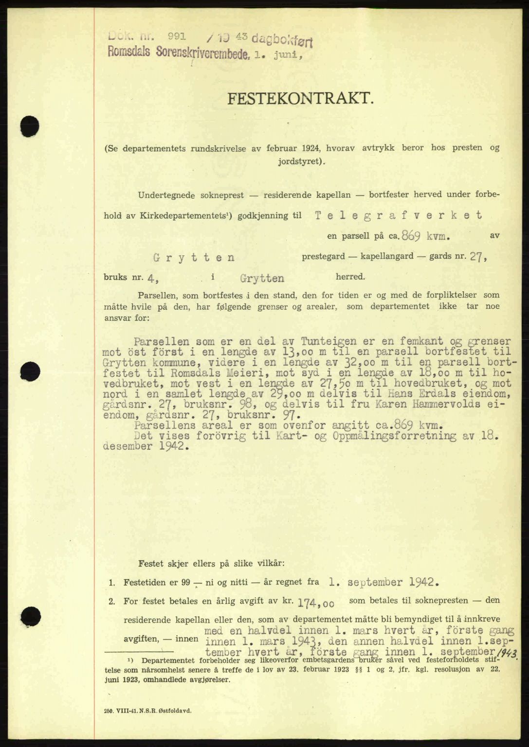 Romsdal sorenskriveri, AV/SAT-A-4149/1/2/2C: Mortgage book no. A14, 1943-1943, Diary no: : 991/1943