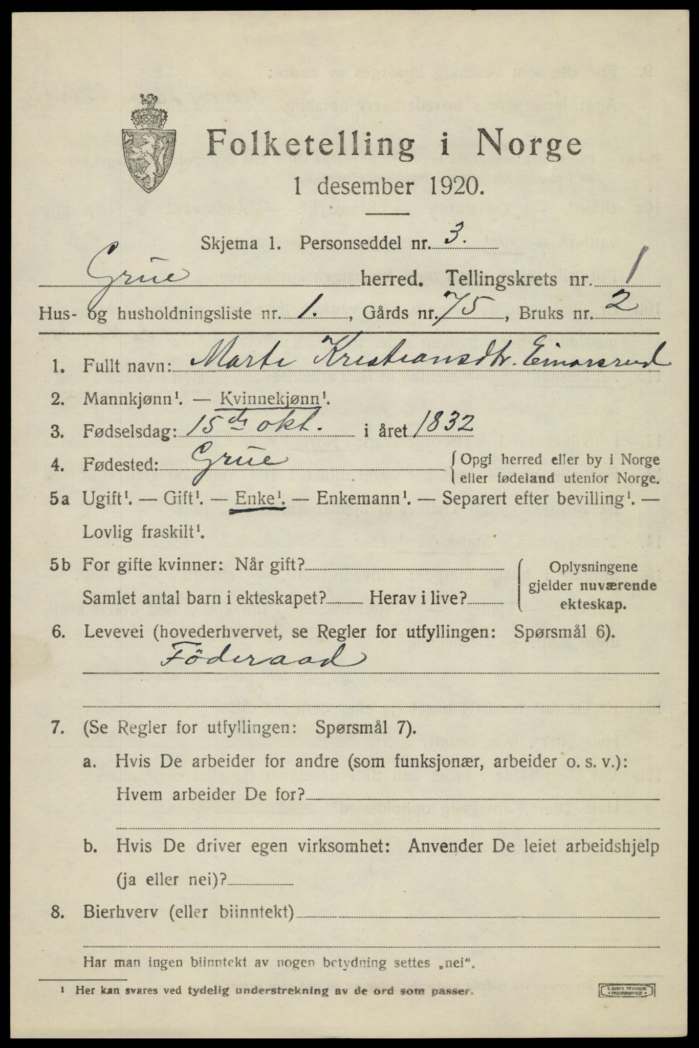 SAH, 1920 census for Grue, 1920, p. 2483