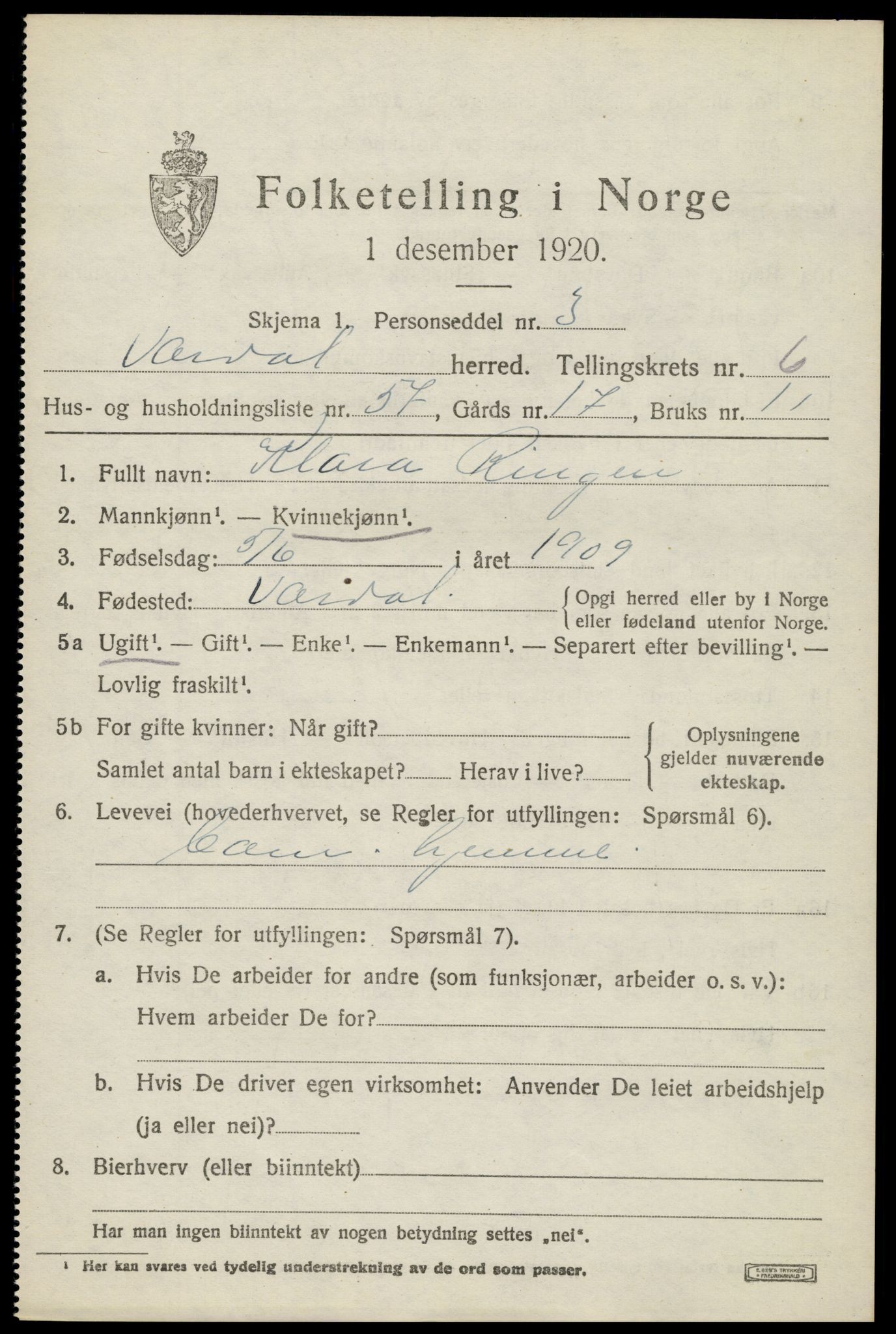 SAH, 1920 census for Vardal, 1920, p. 4531