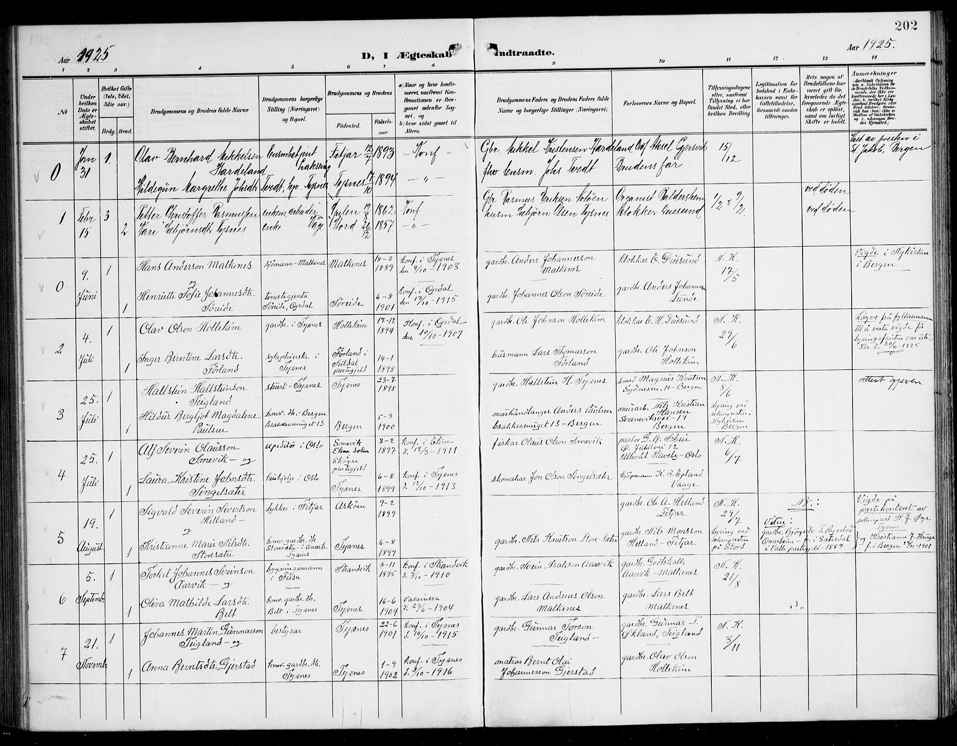 Tysnes sokneprestembete, SAB/A-78601/H/Haa: Parish register (official) no. B 2, 1907-1925, p. 202