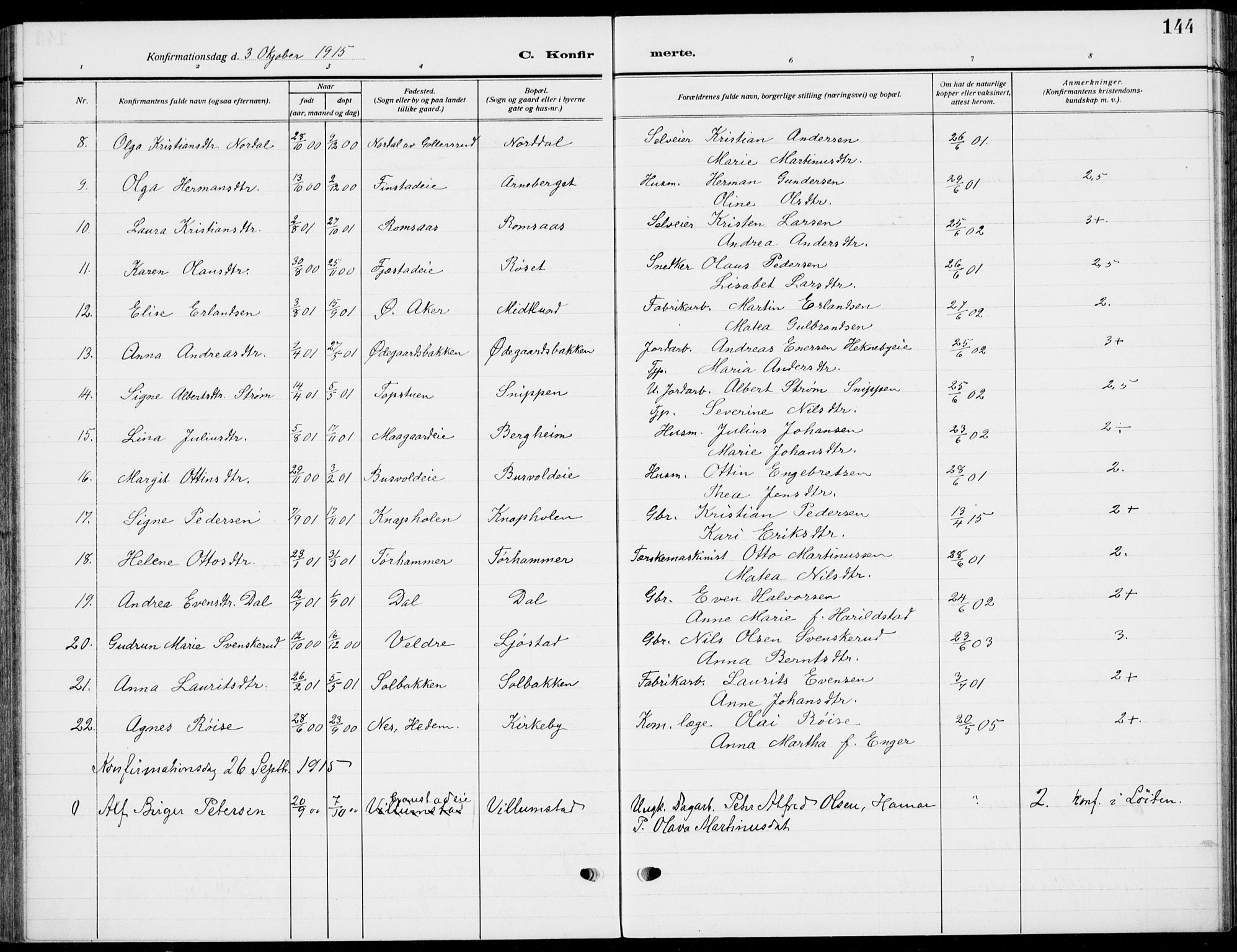 Romedal prestekontor, AV/SAH-PREST-004/K/L0012: Parish register (official) no. 12, 1913-1935, p. 144