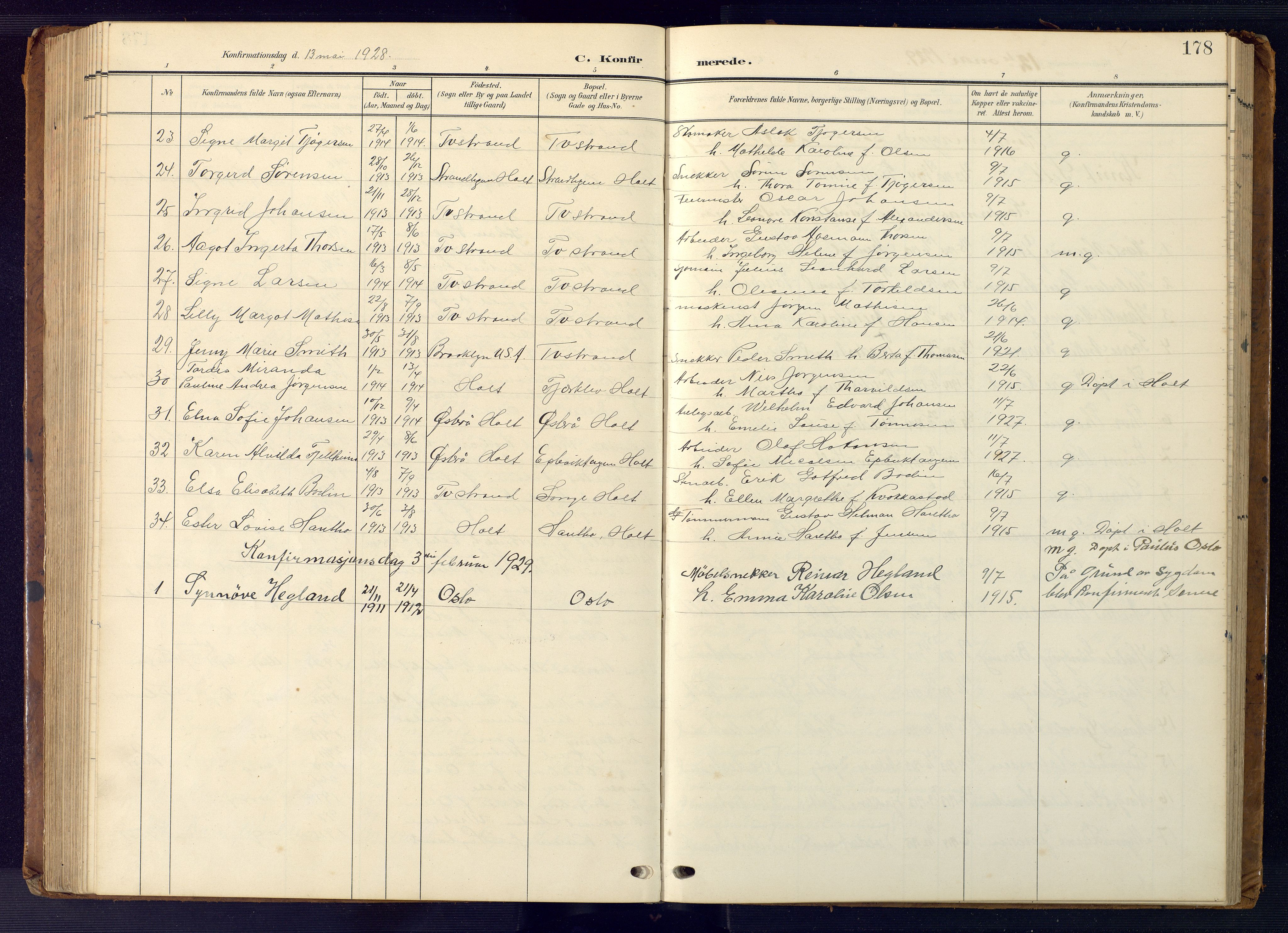 Tvedestrand sokneprestkontor, AV/SAK-1111-0042/F/Fb/L0001: Parish register (copy) no. B 1, 1902-1956, p. 178