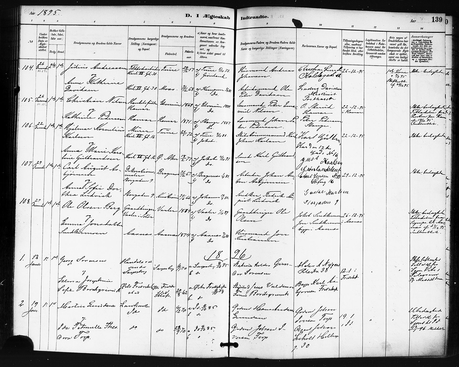Oslo domkirke Kirkebøker, SAO/A-10752/F/Fa/L0032: Parish register (official) no. 32, 1885-1902, p. 139