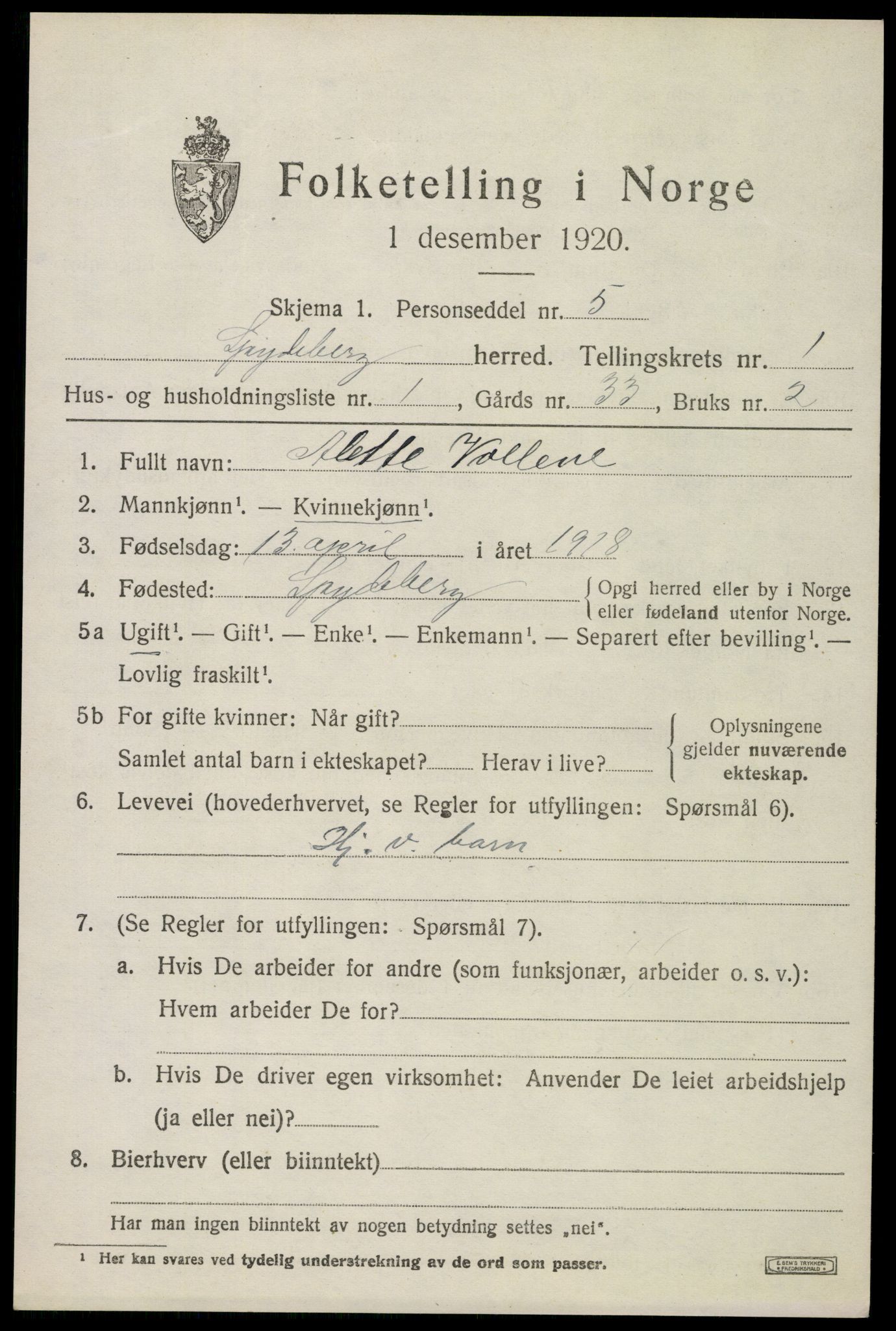 SAO, 1920 census for Spydeberg, 1920, p. 1045