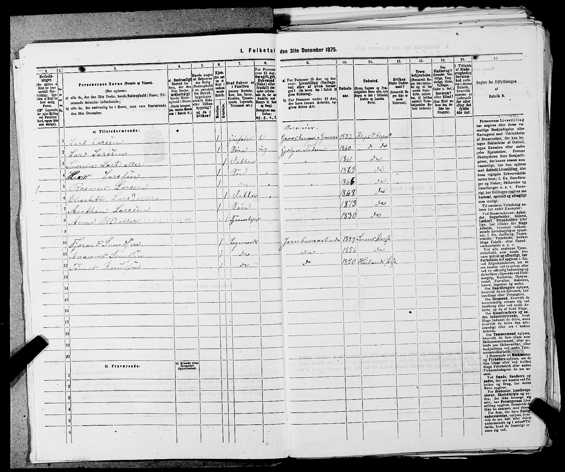 SAST, 1875 census for 1120P Klepp, 1875, p. 180