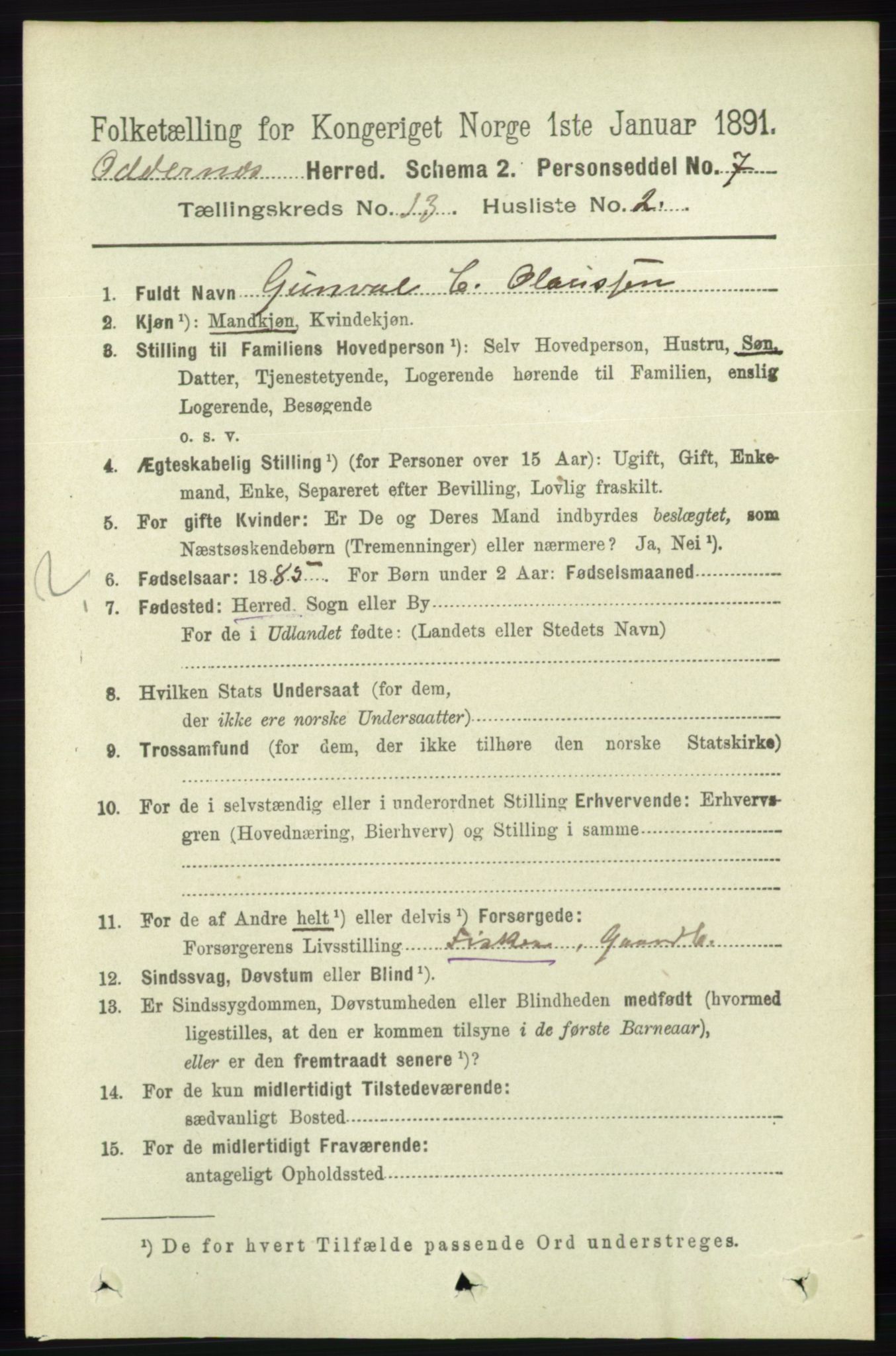 RA, 1891 census for 1012 Oddernes, 1891, p. 4651