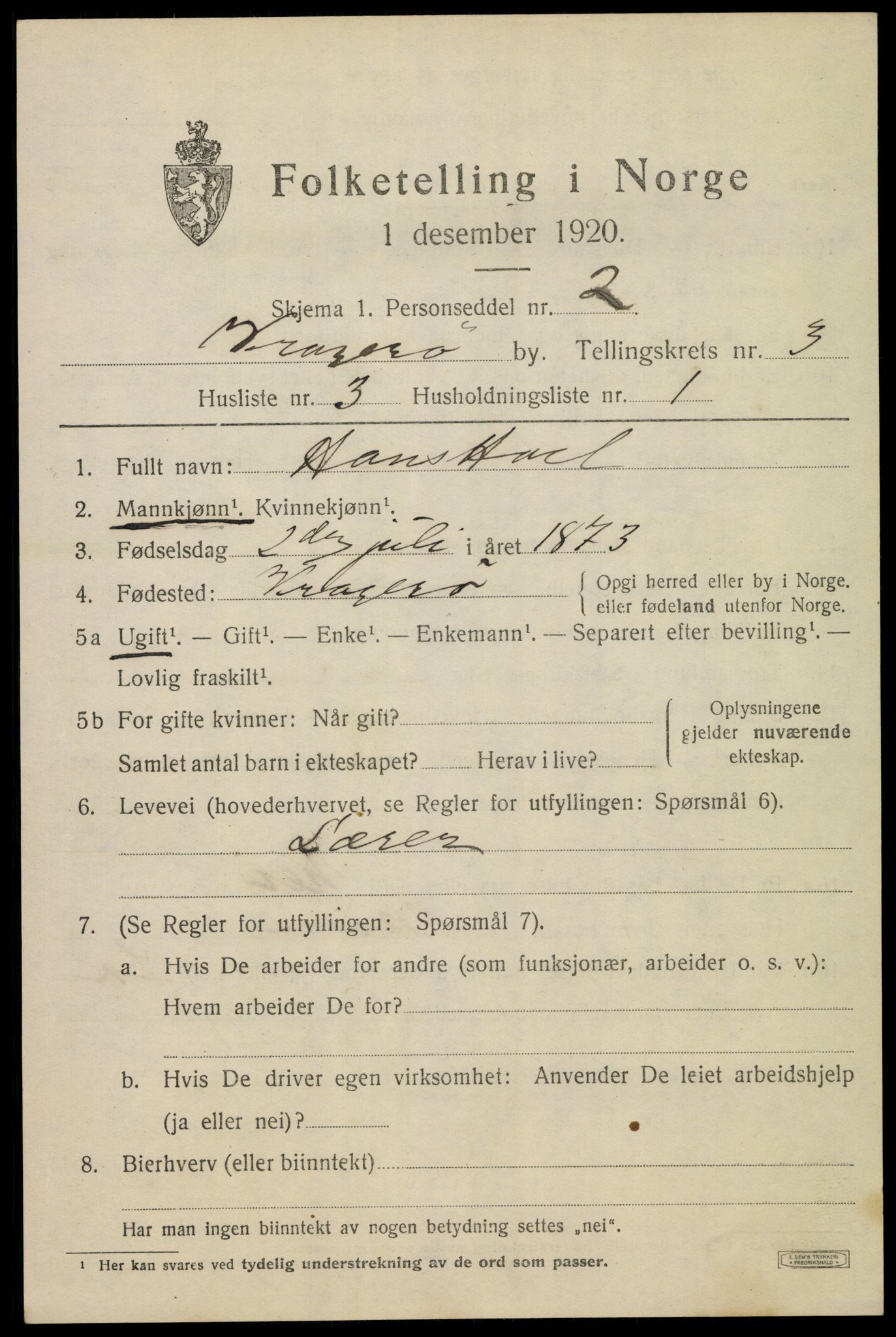 SAKO, 1920 census for Kragerø, 1920, p. 7133