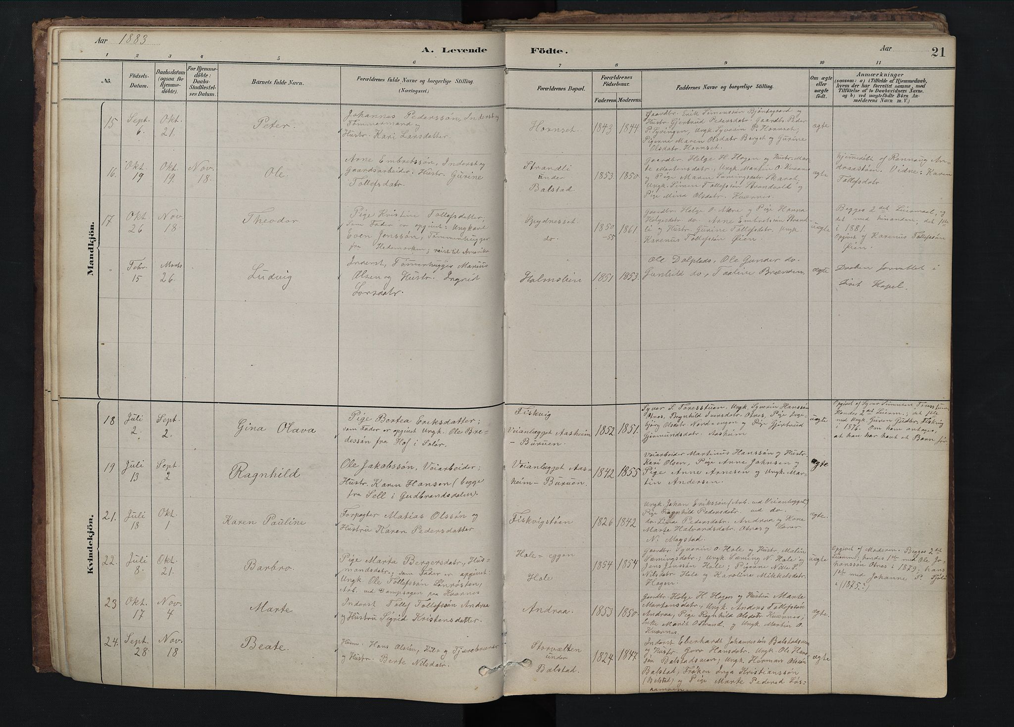 Rendalen prestekontor, SAH/PREST-054/H/Ha/Hab/L0009: Parish register (copy) no. 9, 1879-1902, p. 21
