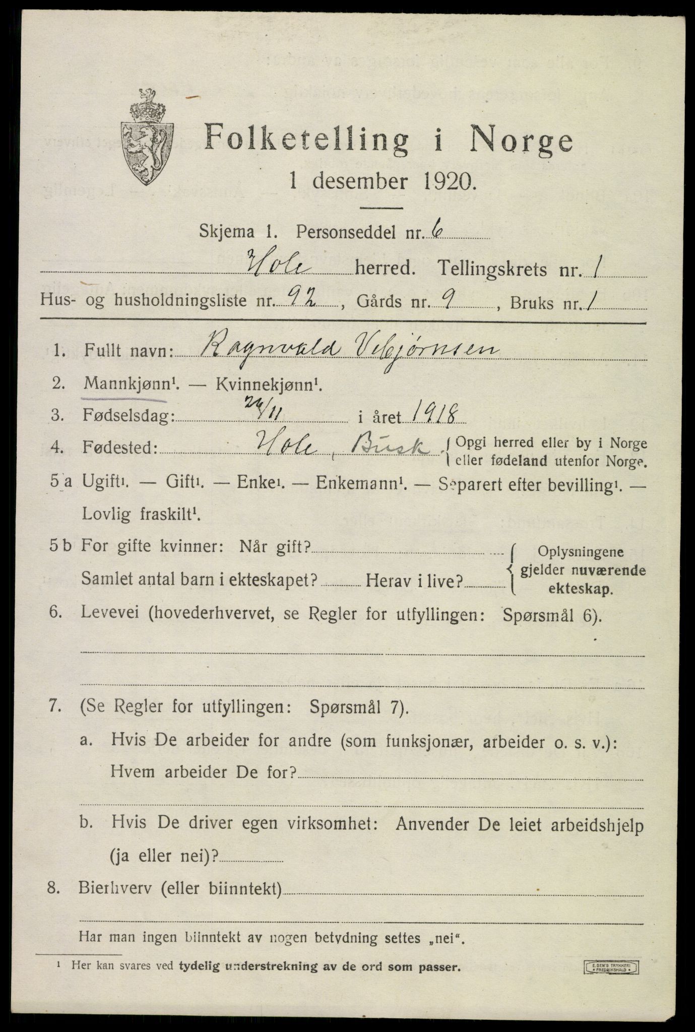 SAKO, 1920 census for Hole, 1920, p. 1995