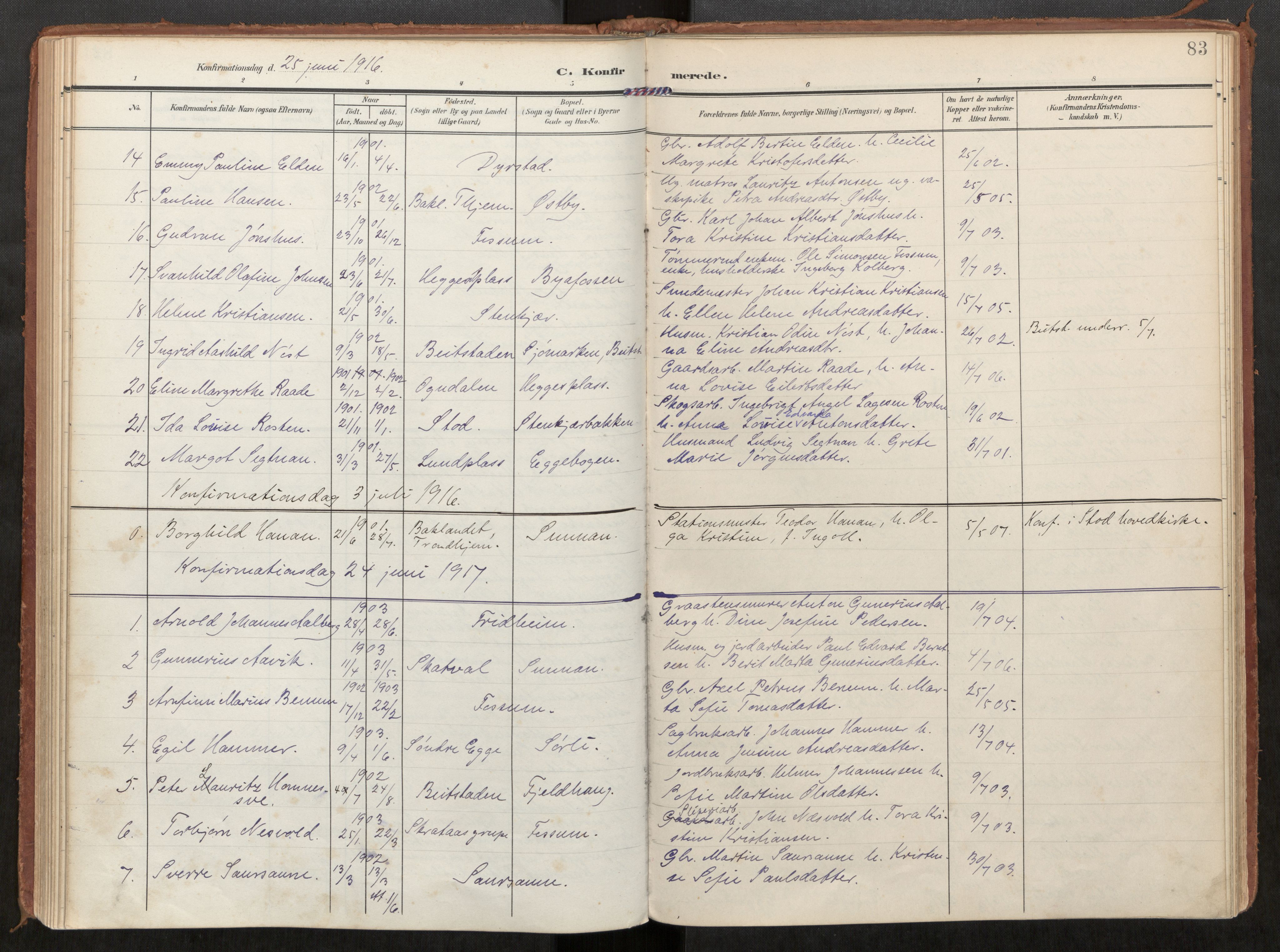 Steinkjer sokneprestkontor, AV/SAT-A-1541/01/H/Ha/Haa/L0002: Parish register (official) no. 2, 1907-1917, p. 83