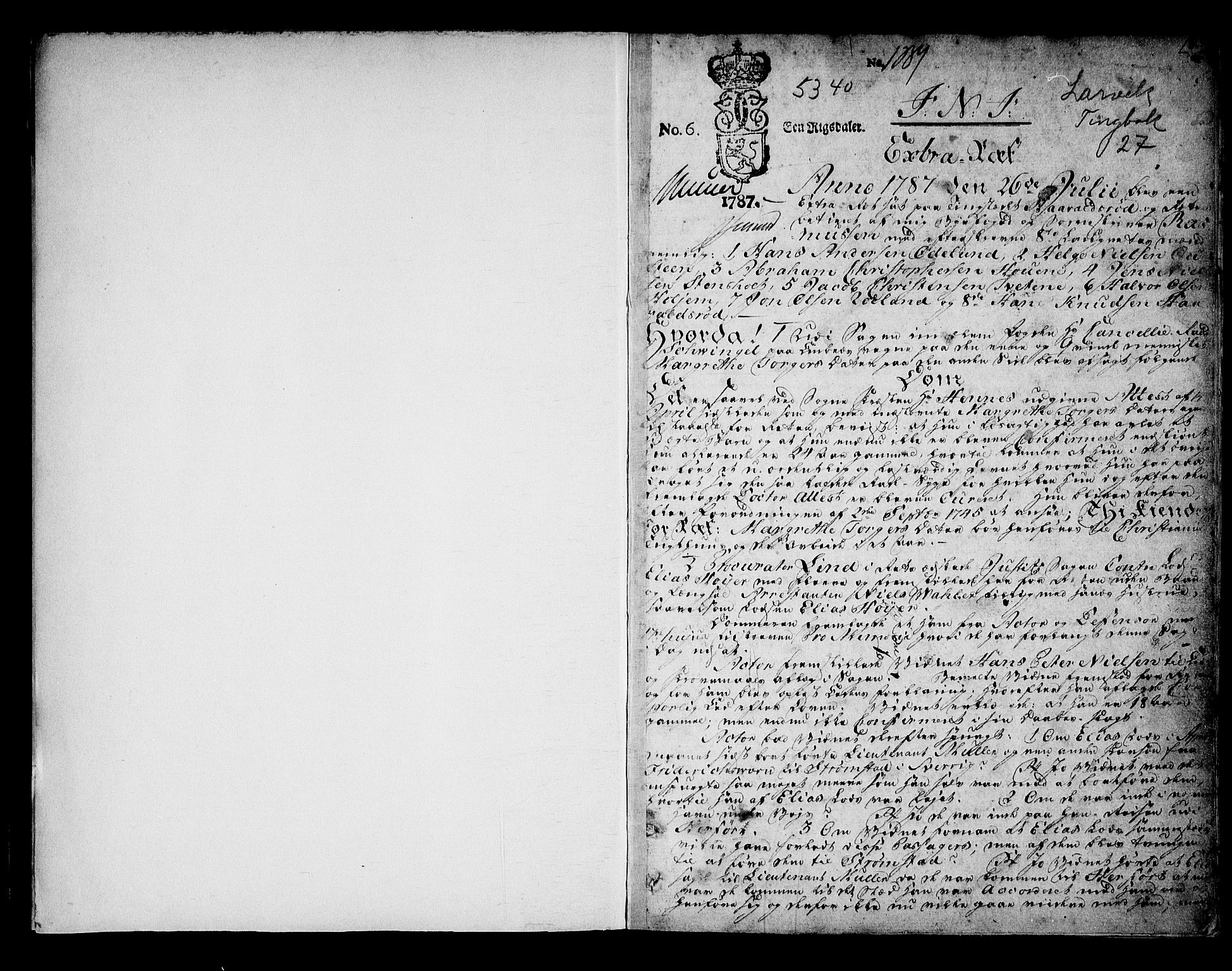Larvik sorenskriveri, SAKO/A-83/F/Fa/L0027: Tingbok, 1787-1794, p. 1