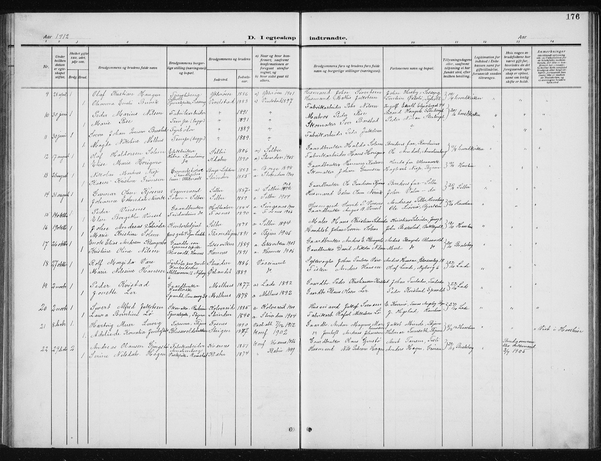 Ministerialprotokoller, klokkerbøker og fødselsregistre - Sør-Trøndelag, SAT/A-1456/606/L0314: Parish register (copy) no. 606C10, 1911-1937, p. 176