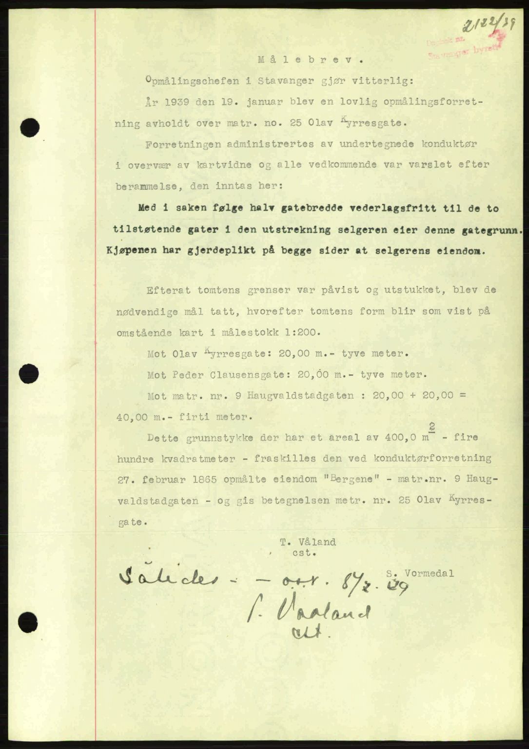 Stavanger byrett, SAST/A-100455/002/G/Gb/L0014: Mortgage book no. A4, 1938-1939, Diary no: : 2122/1939