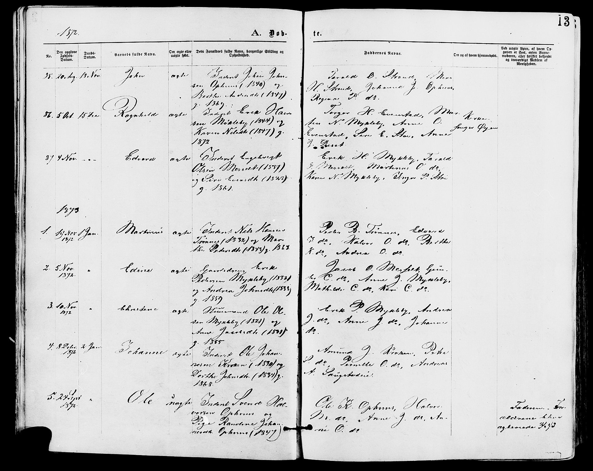 Stor-Elvdal prestekontor, SAH/PREST-052/H/Ha/Haa/L0001: Parish register (official) no. 1, 1871-1882, p. 13