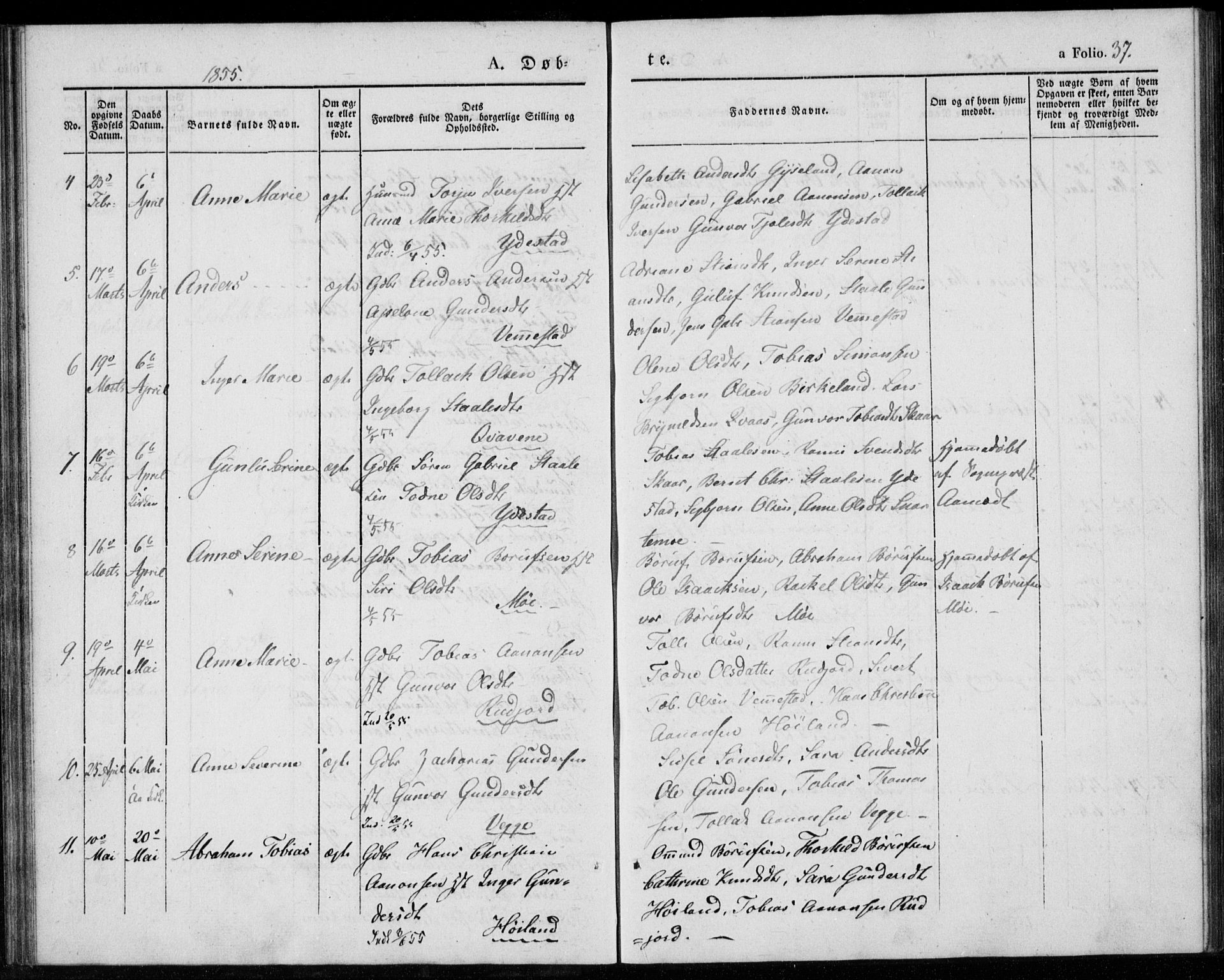 Lyngdal sokneprestkontor, AV/SAK-1111-0029/F/Fa/Fab/L0001: Parish register (official) no. A 1, 1838-1860, p. 37