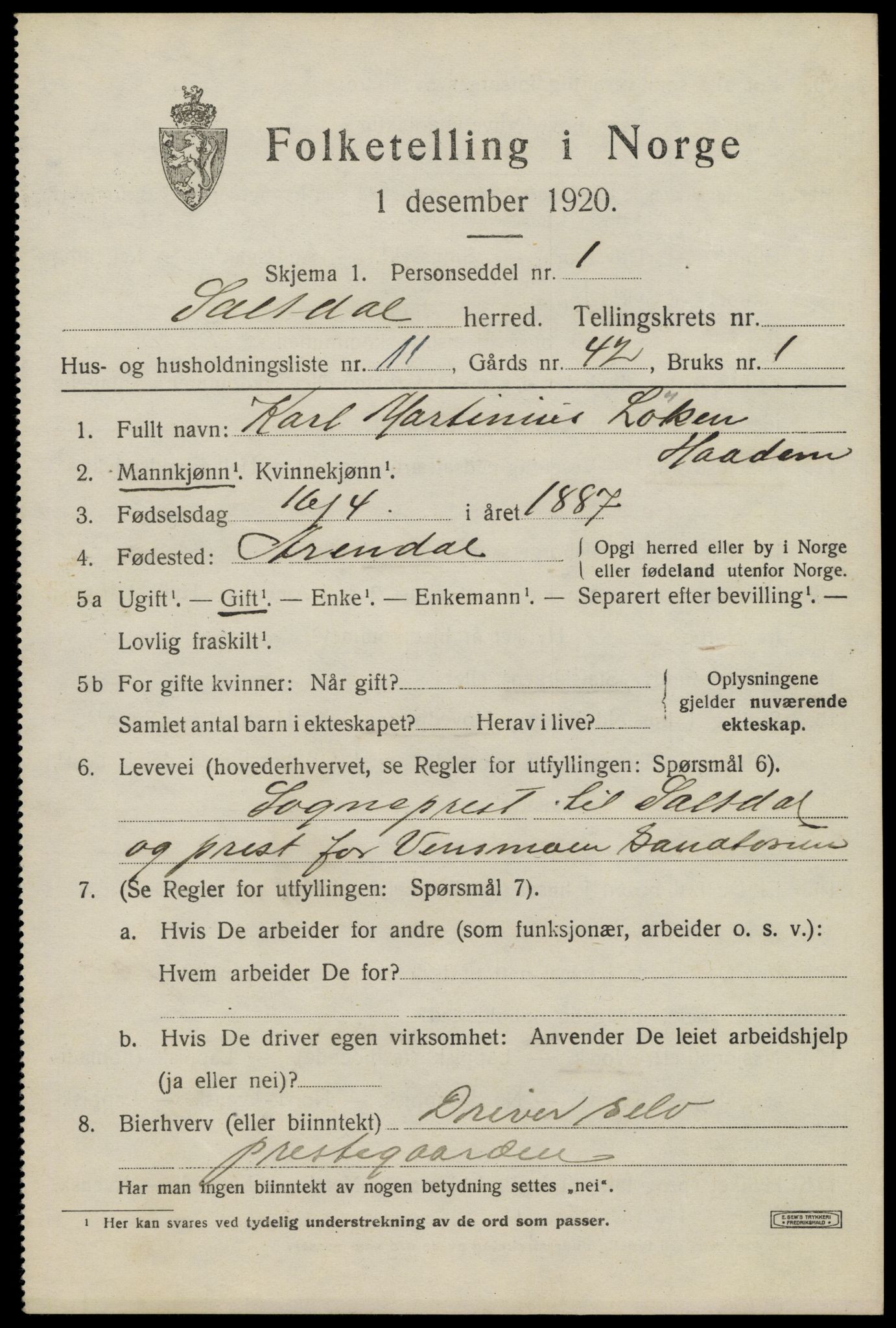 SAT, 1920 census for Saltdal, 1920, p. 3007
