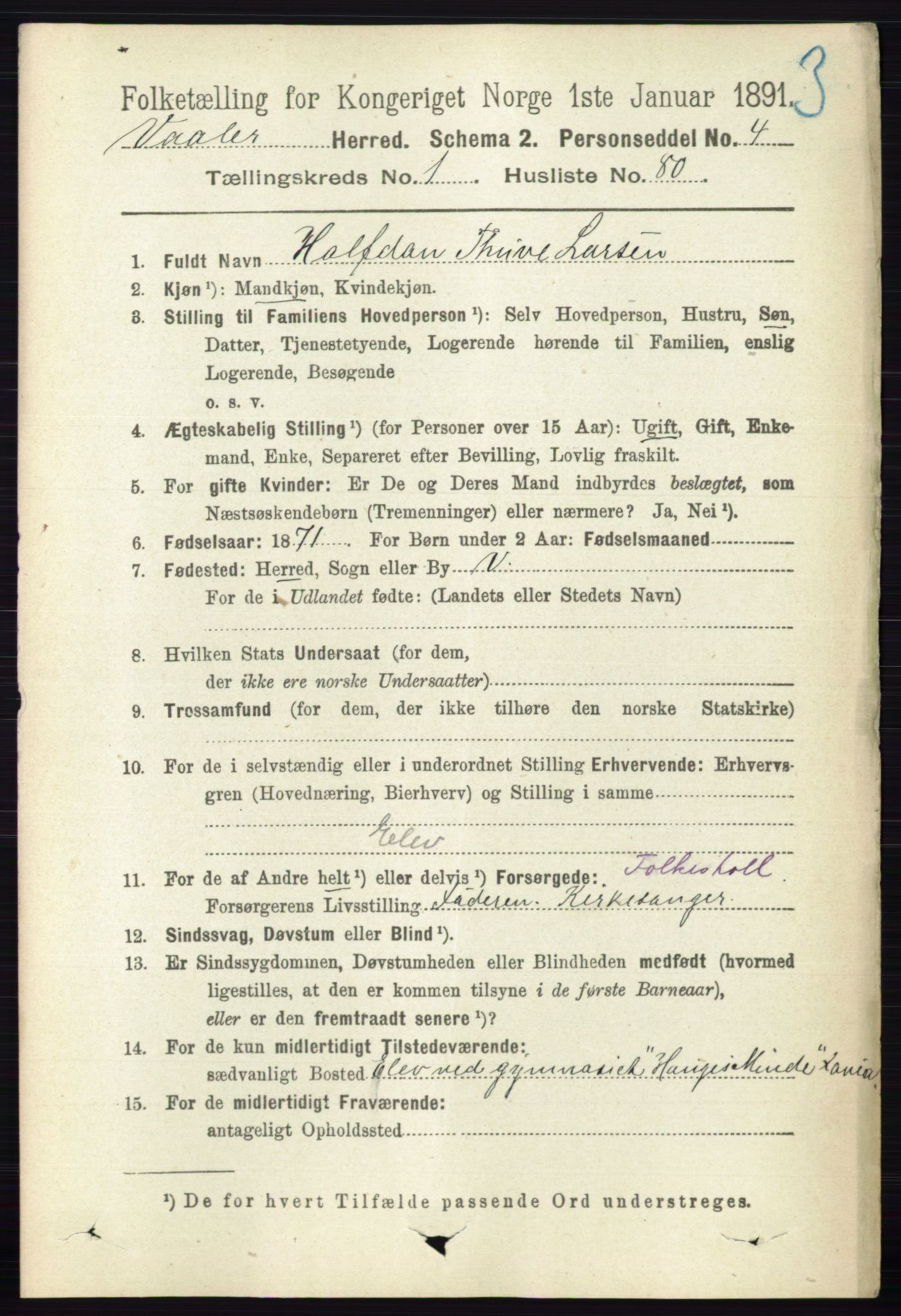 RA, 1891 census for 0137 Våler, 1891, p. 607