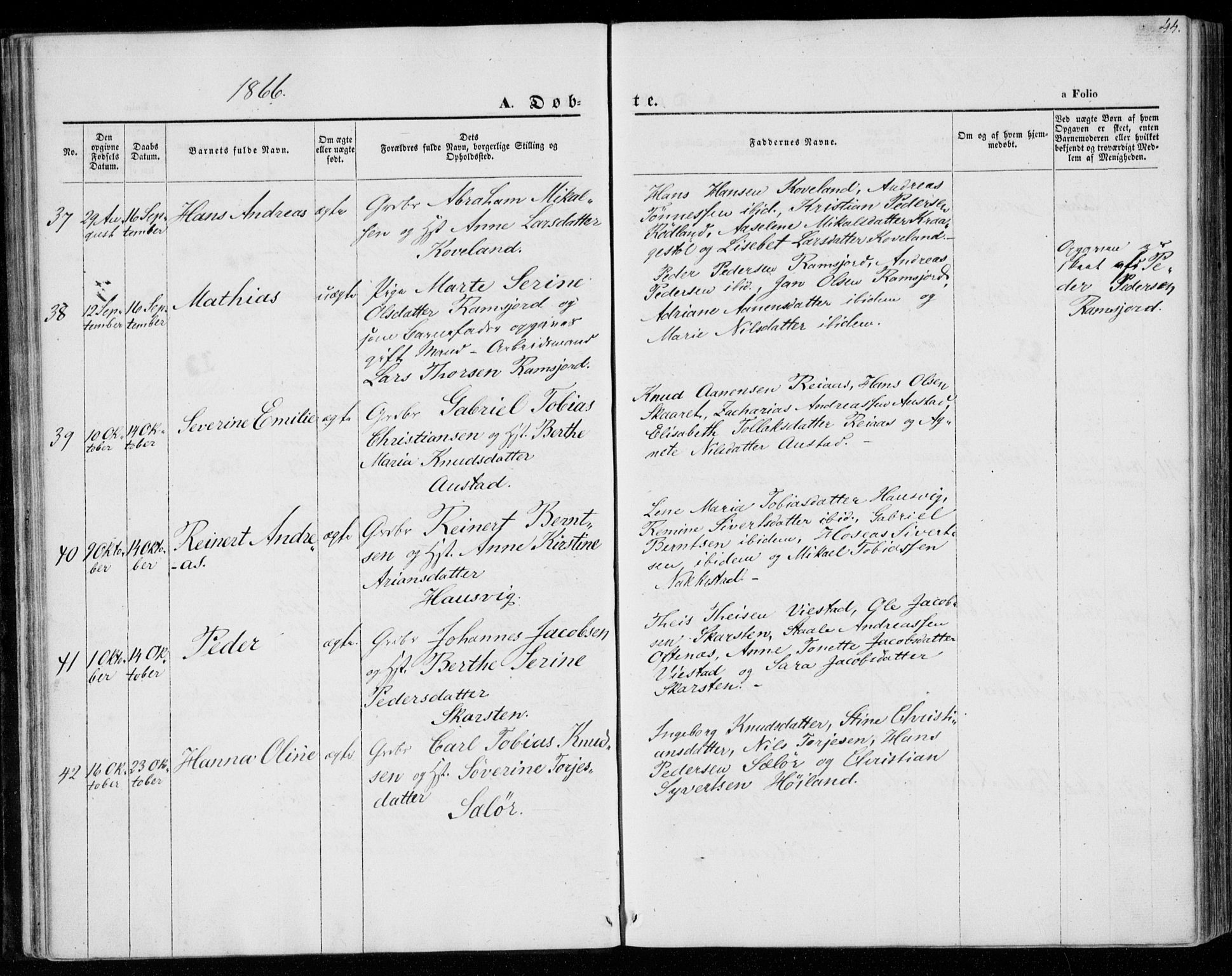 Lyngdal sokneprestkontor, AV/SAK-1111-0029/F/Fa/Faa/L0002: Parish register (official) no. A 2, 1858-1870, p. 44