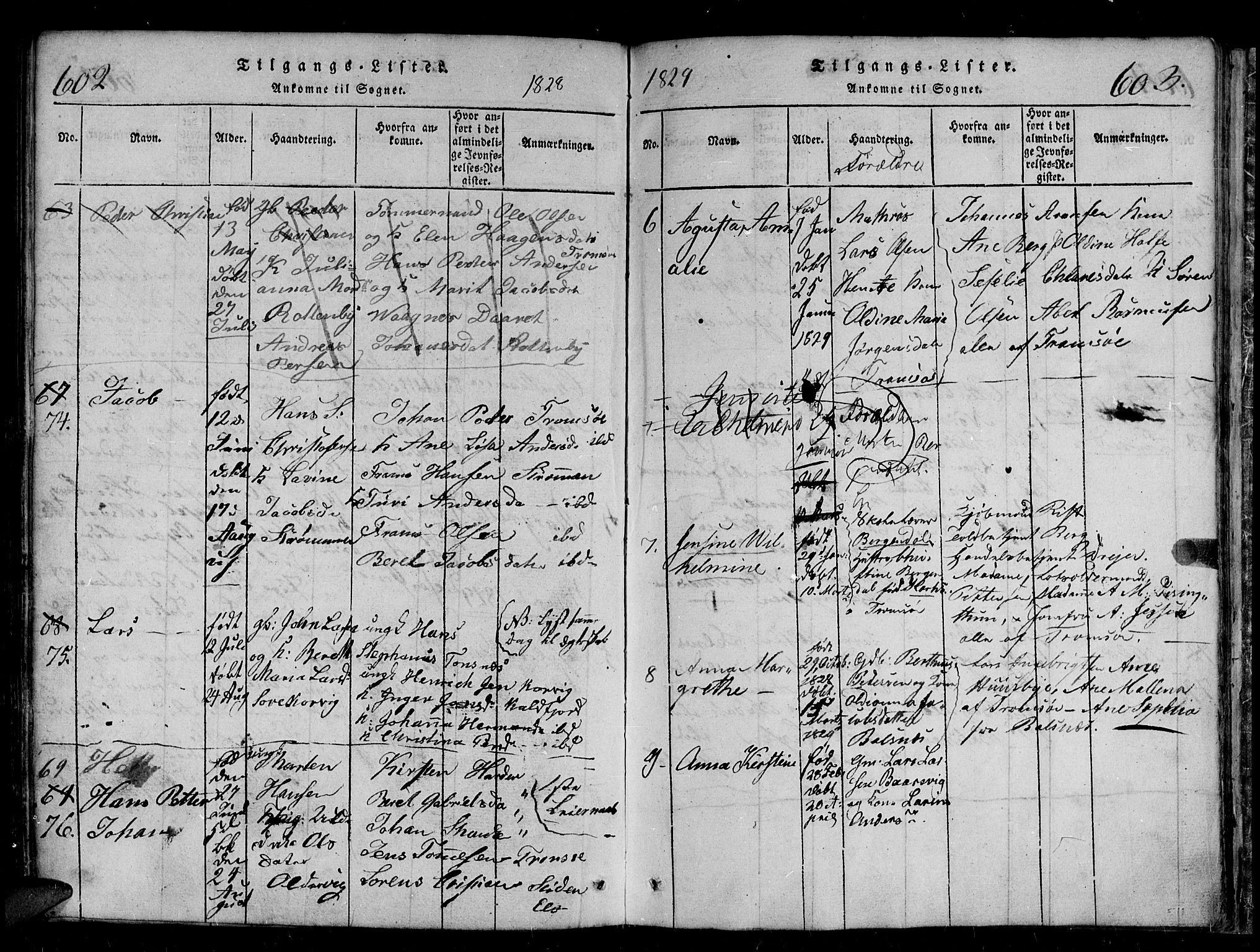 Tromsø sokneprestkontor/stiftsprosti/domprosti, SATØ/S-1343/G/Gb/L0001klokker: Parish register (copy) no. 1, 1821-1833, p. 602-603