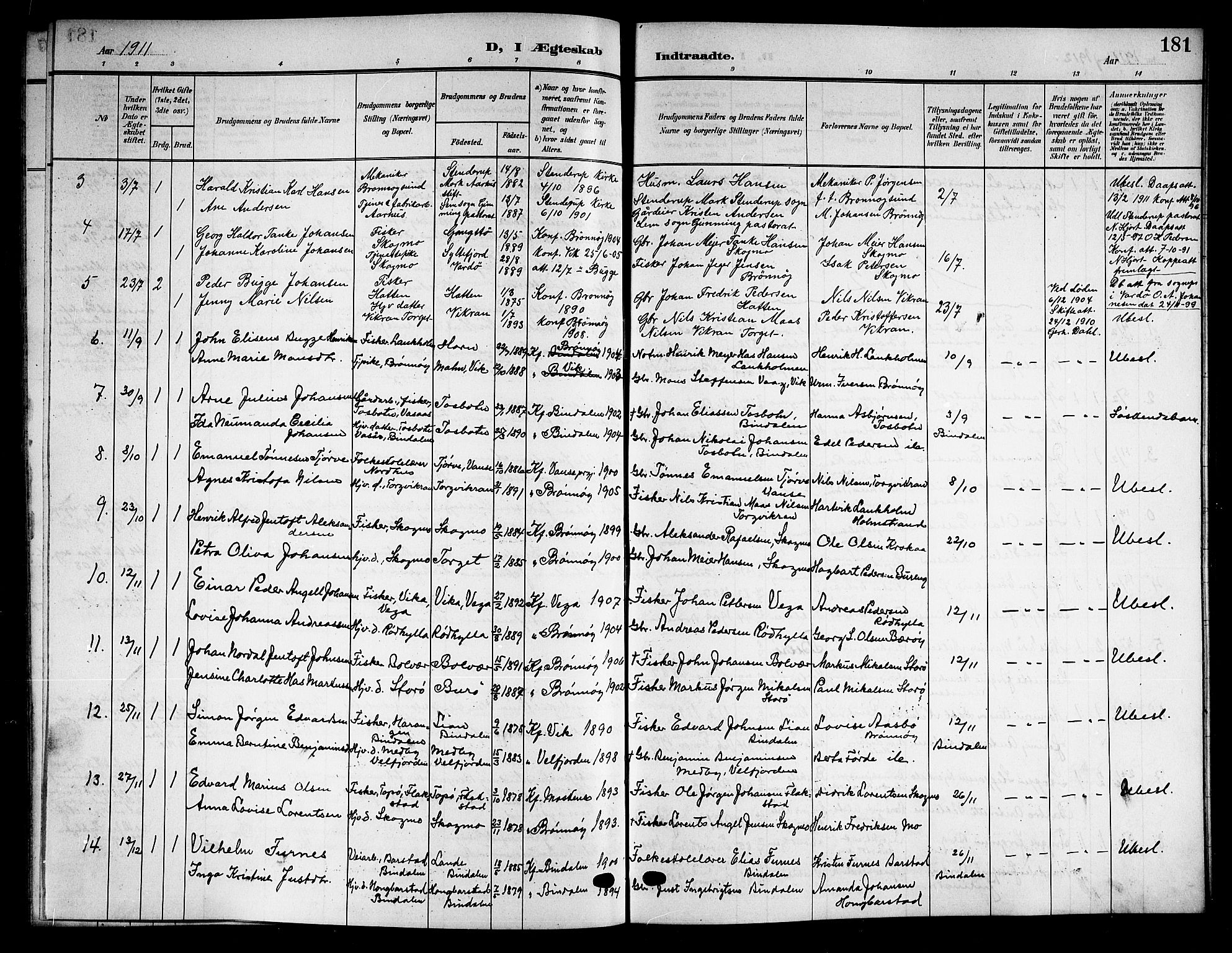 Ministerialprotokoller, klokkerbøker og fødselsregistre - Nordland, SAT/A-1459/813/L0214: Parish register (copy) no. 813C06, 1904-1917, p. 181