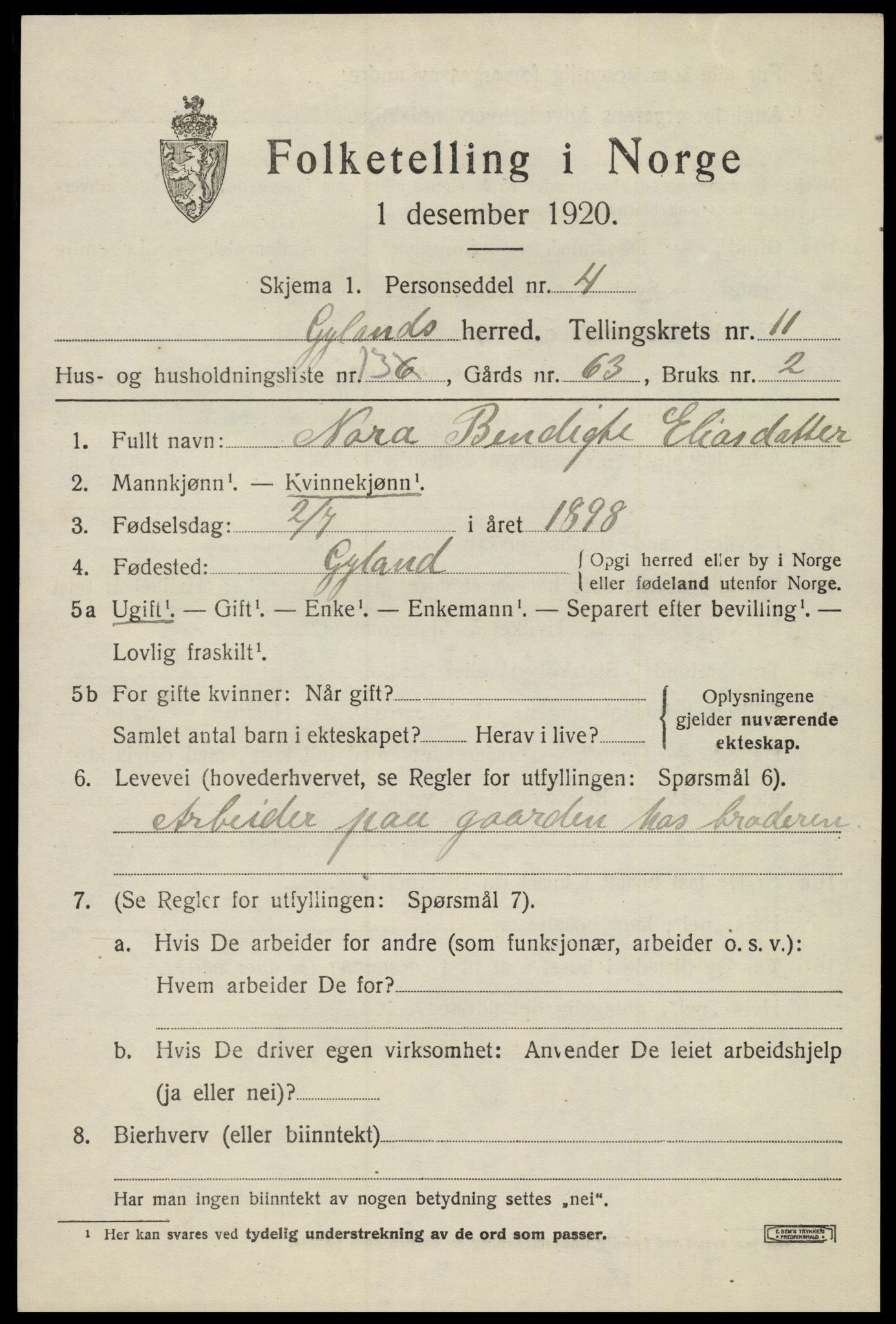 SAK, 1920 census for Gyland, 1920, p. 2418