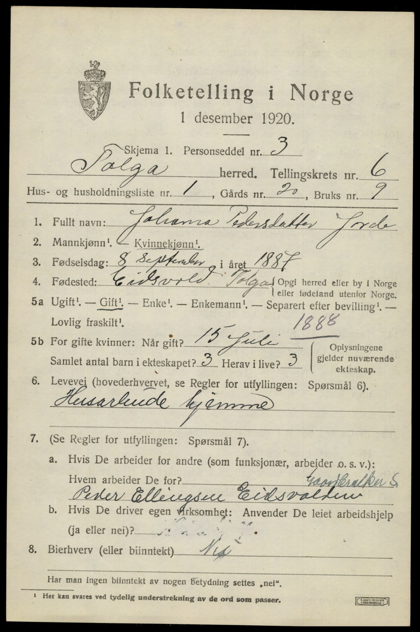 SAH, 1920 census for Tolga, 1920, p. 3631