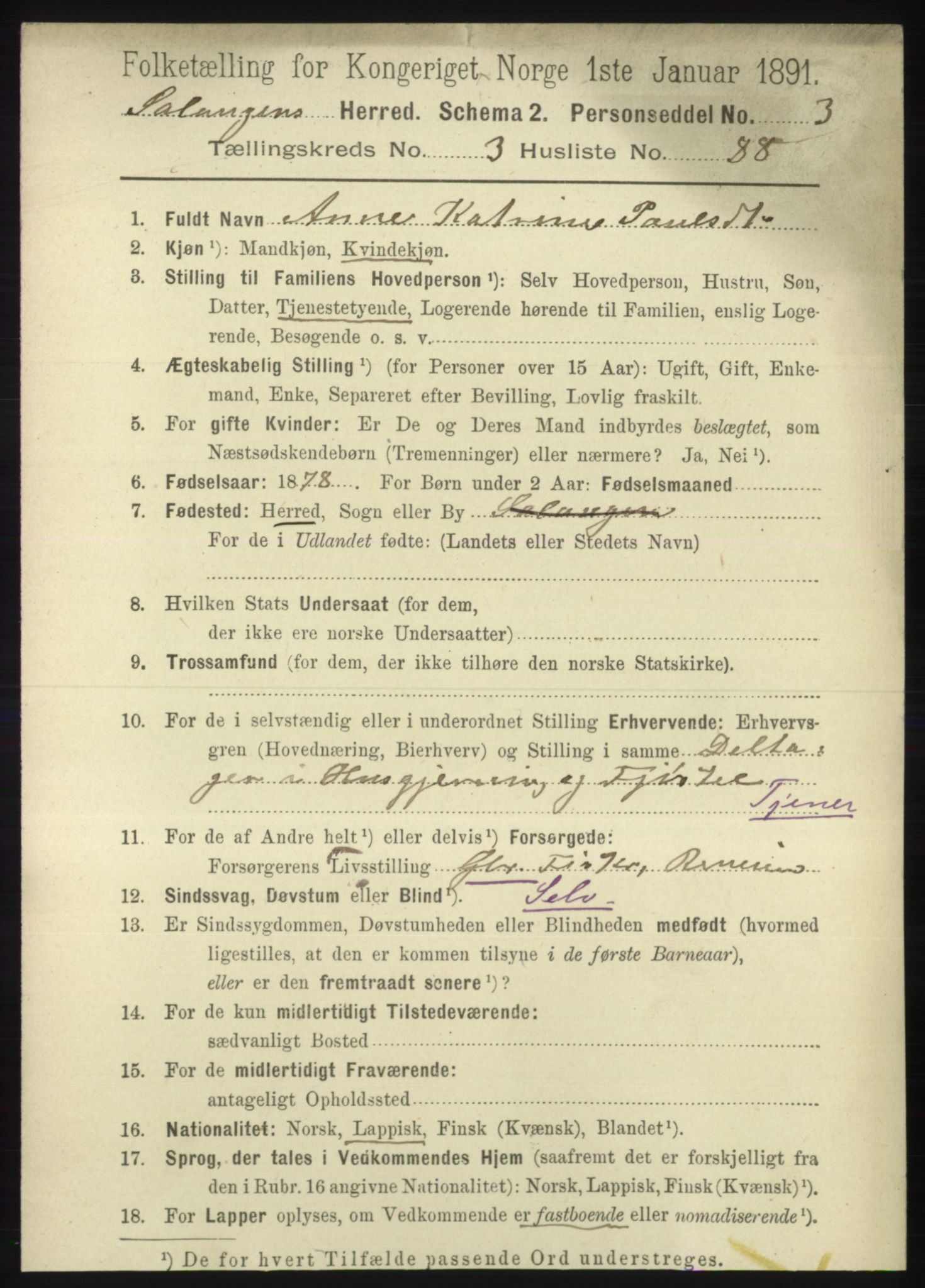 RA, 1891 census for 1921 Salangen, 1891, p. 1730