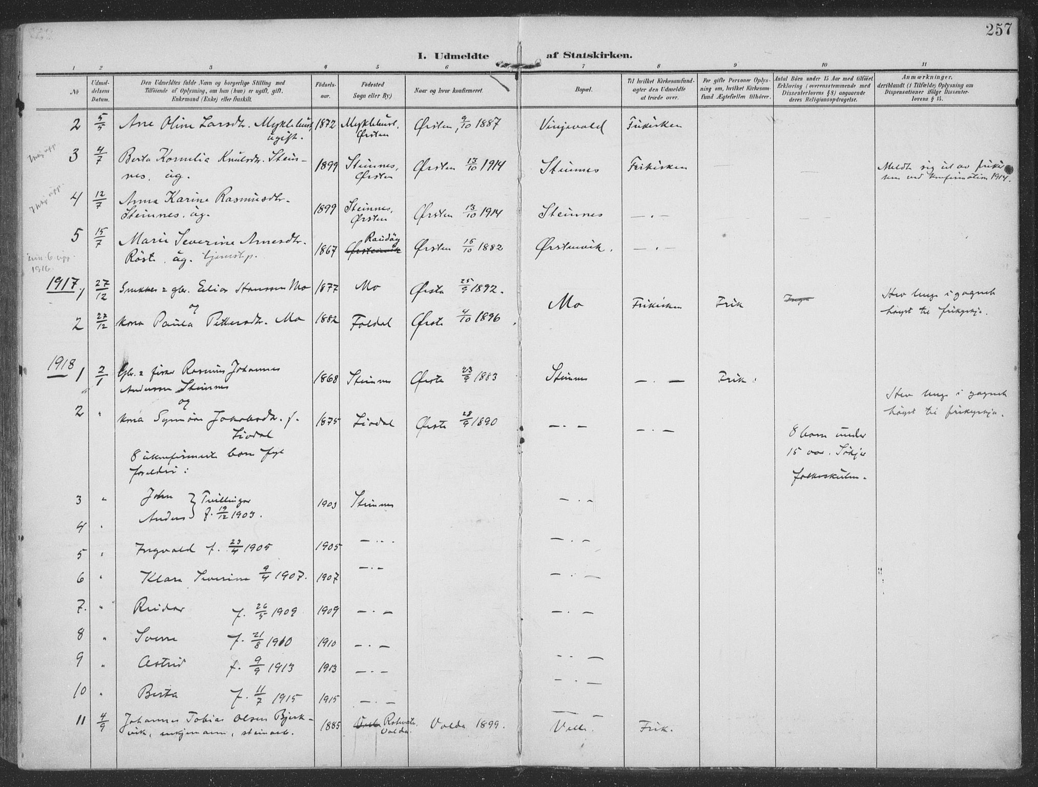 Ministerialprotokoller, klokkerbøker og fødselsregistre - Møre og Romsdal, SAT/A-1454/513/L0178: Parish register (official) no. 513A05, 1906-1919, p. 257