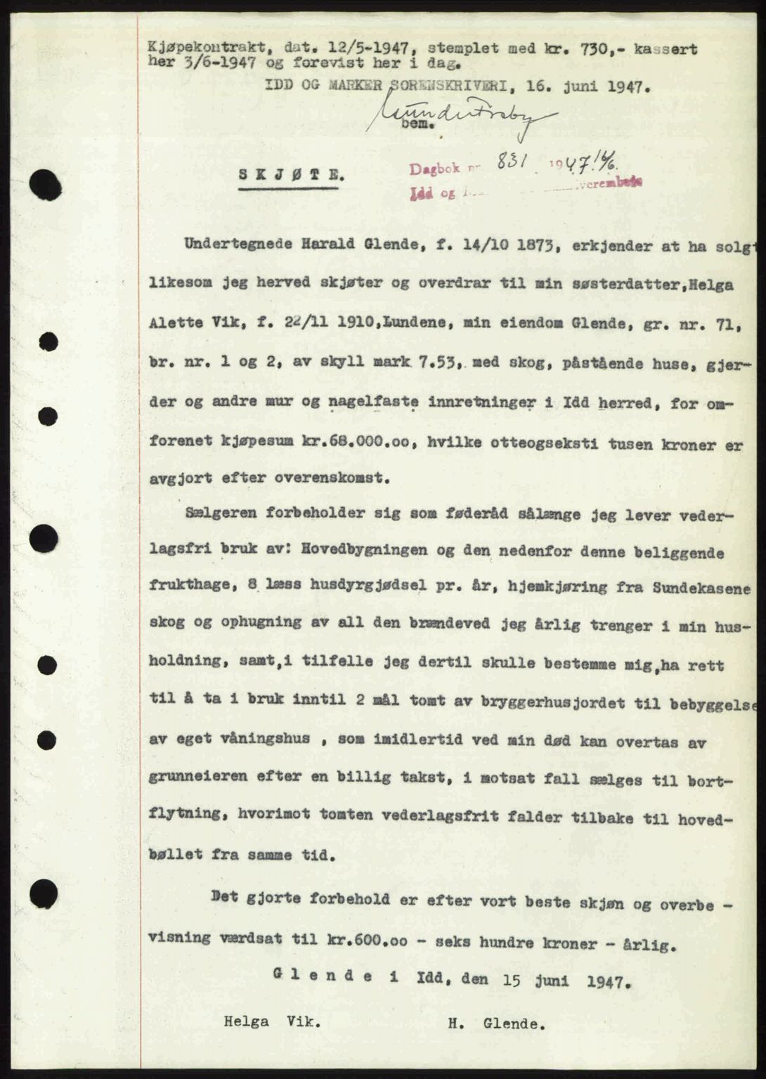 Idd og Marker sorenskriveri, SAO/A-10283/G/Gb/Gbb/L0009: Mortgage book no. A9, 1946-1947, Diary no: : 831/1947