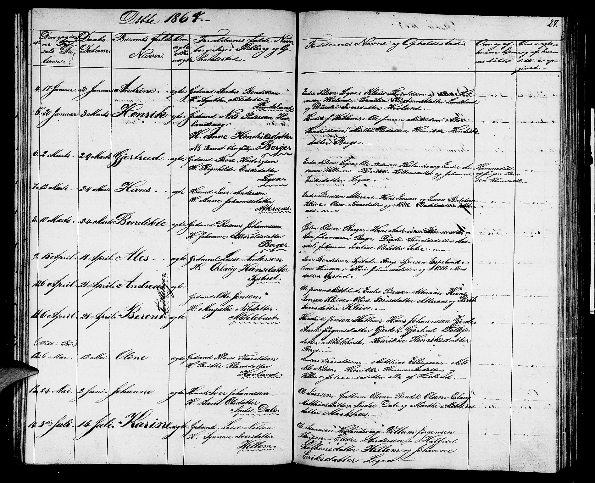 Hyllestad sokneprestembete, AV/SAB-A-80401: Parish register (copy) no. A 1, 1853-1875, p. 27