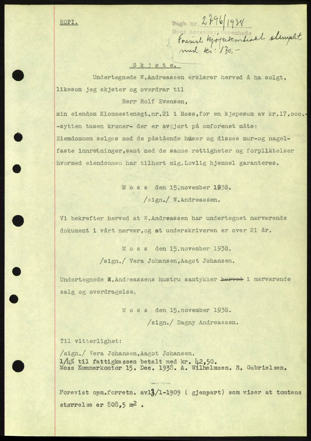 Moss sorenskriveri, SAO/A-10168: Mortgage book no. A5, 1938-1939, Diary no: : 2796/1938