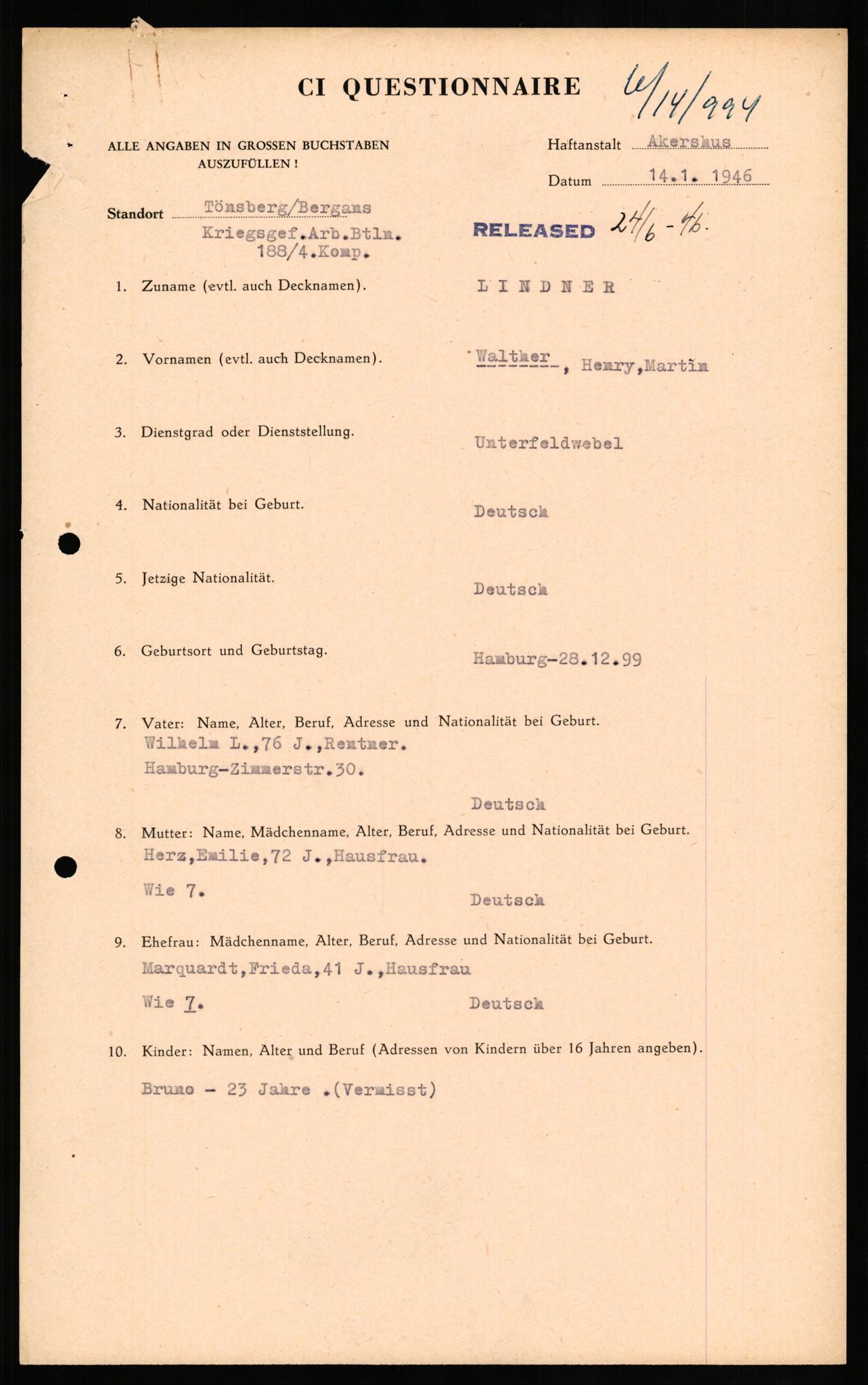 Forsvaret, Forsvarets overkommando II, RA/RAFA-3915/D/Db/L0020: CI Questionaires. Tyske okkupasjonsstyrker i Norge. Tyskere., 1945-1946, p. 192