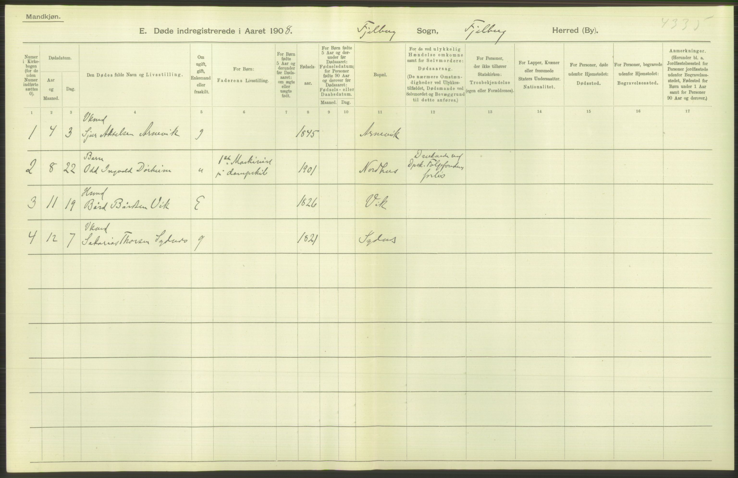 Statistisk sentralbyrå, Sosiodemografiske emner, Befolkning, AV/RA-S-2228/D/Df/Dfa/Dfaf/L0029: S. Bergenhus amt: Døde. Bygder., 1908, p. 48