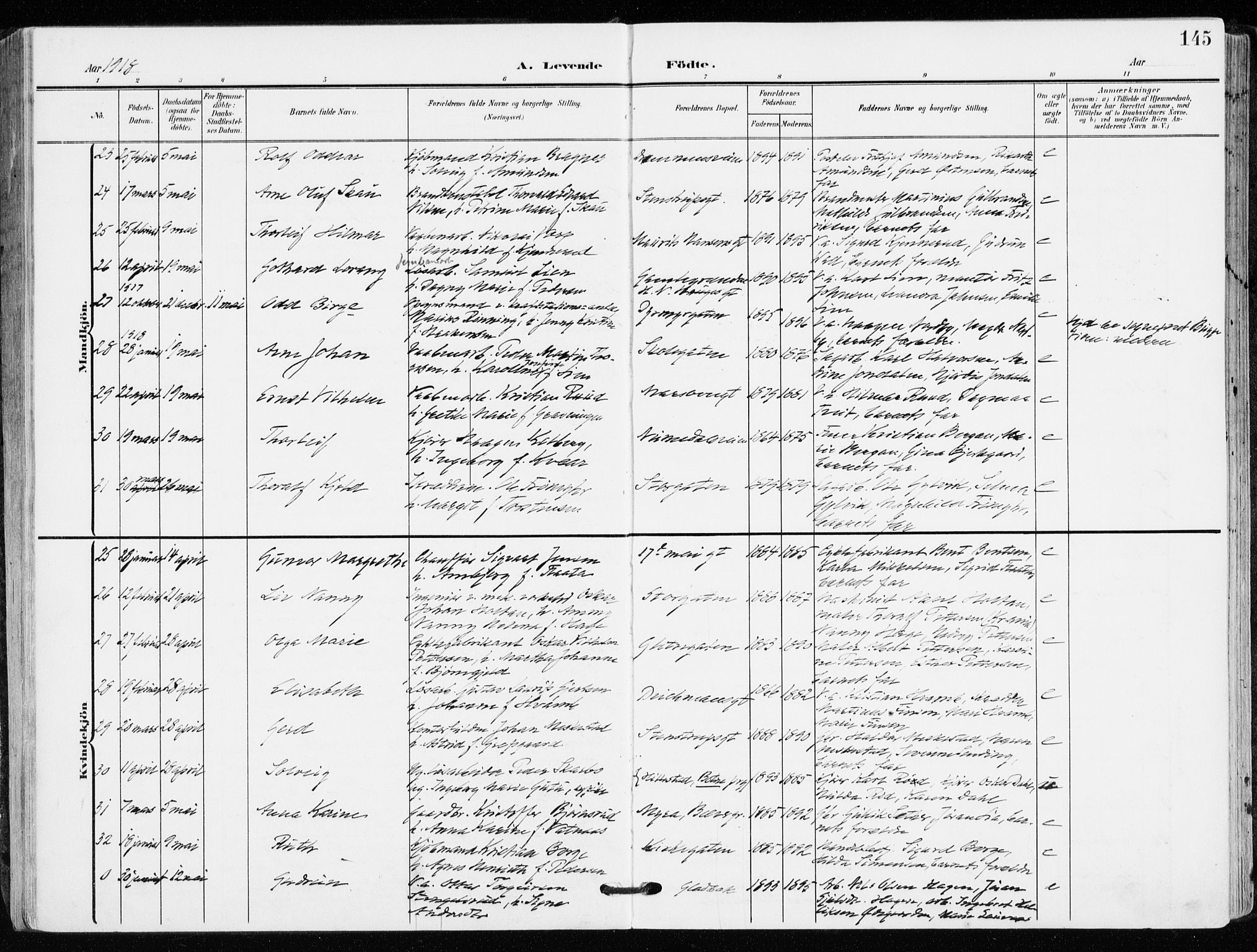 Kongsberg kirkebøker, AV/SAKO-A-22/F/Fb/L0004: Parish register (official) no. II 4, 1906-1918, p. 145