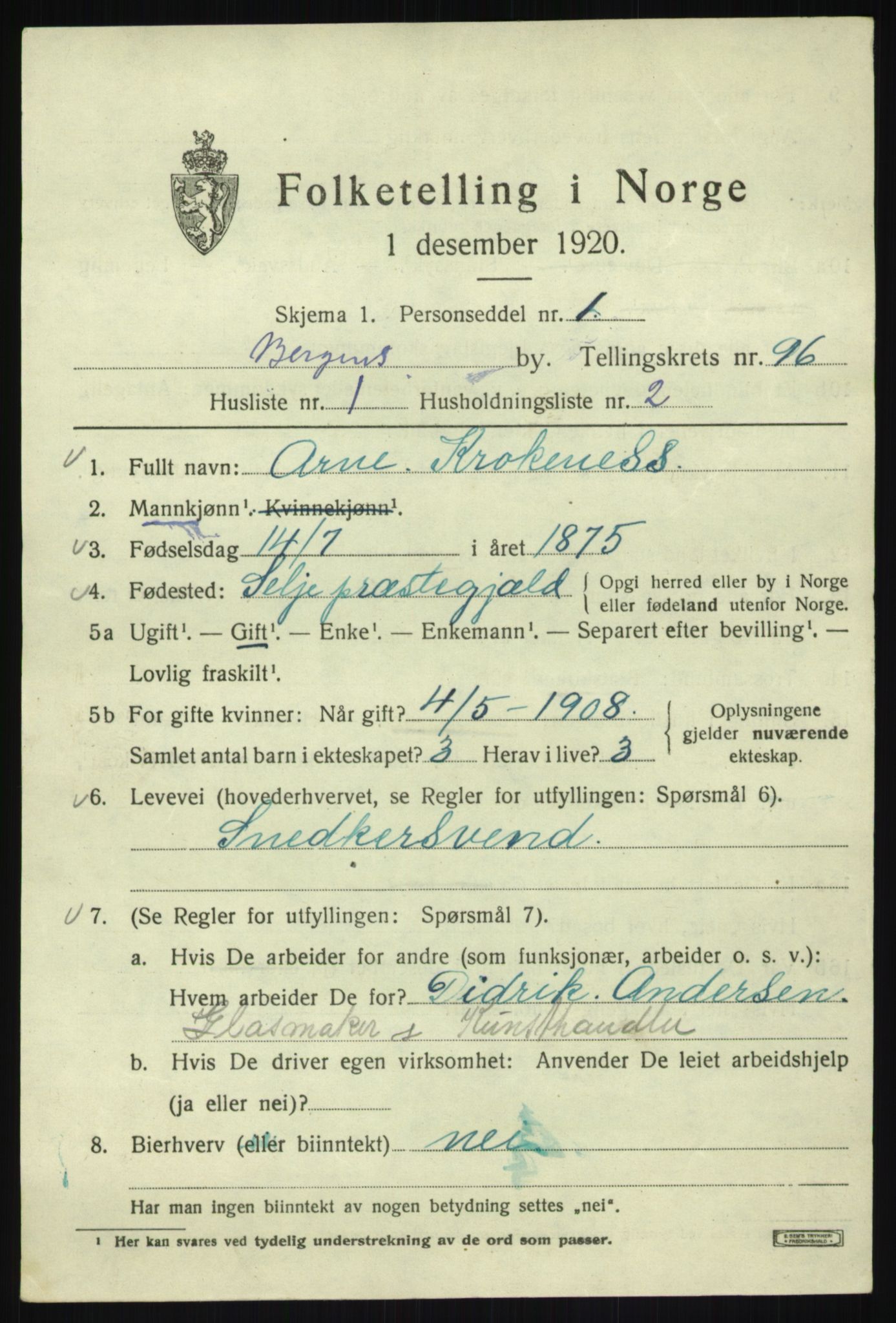 SAB, 1920 census for Bergen, 1920, p. 169892