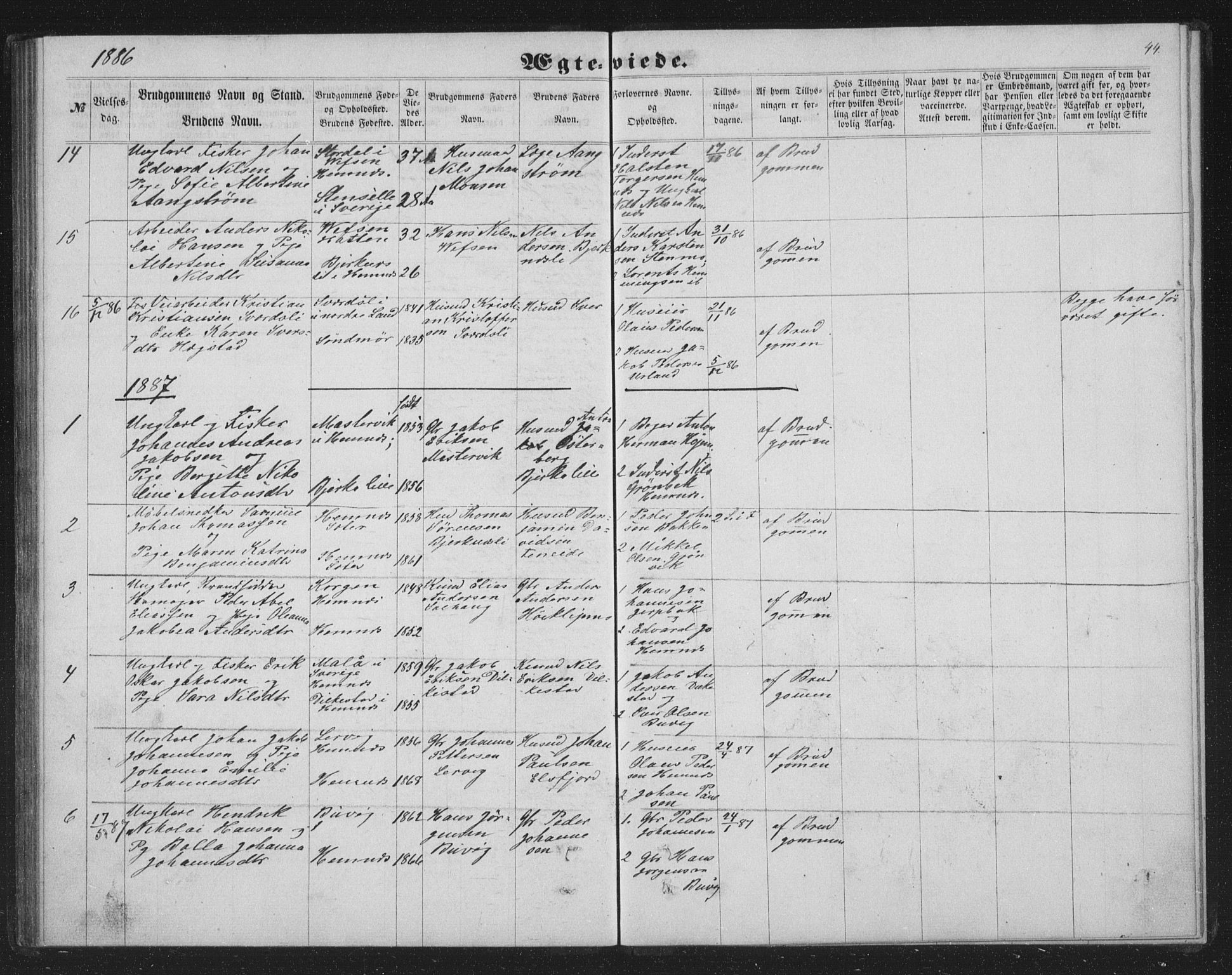 Ministerialprotokoller, klokkerbøker og fødselsregistre - Nordland, AV/SAT-A-1459/825/L0367: Parish register (copy) no. 825C04, 1863-1887, p. 44