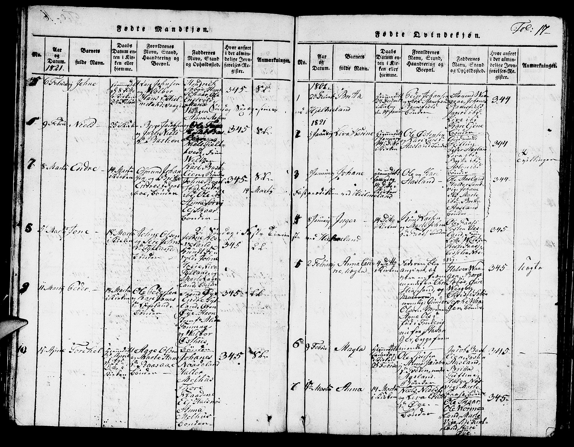 Hjelmeland sokneprestkontor, AV/SAST-A-101843/01/V/L0001: Parish register (copy) no. B 1, 1816-1841, p. 17