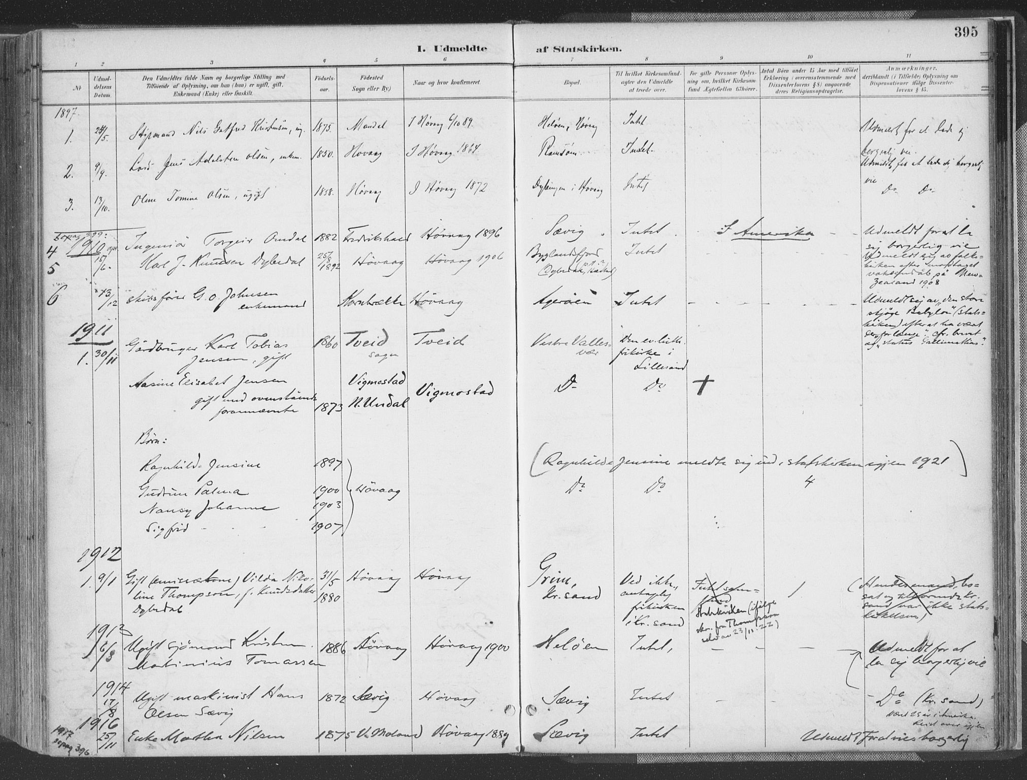 Høvåg sokneprestkontor, AV/SAK-1111-0025/F/Fa/L0006: Parish register (official) no. A 6, 1894-1923, p. 395