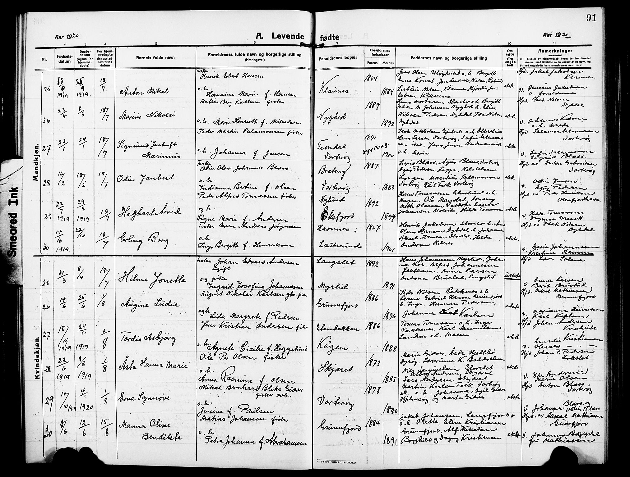 Skjervøy sokneprestkontor, SATØ/S-1300/H/Ha/Hab/L0009klokker: Parish register (copy) no. 9, 1911-1926, p. 91