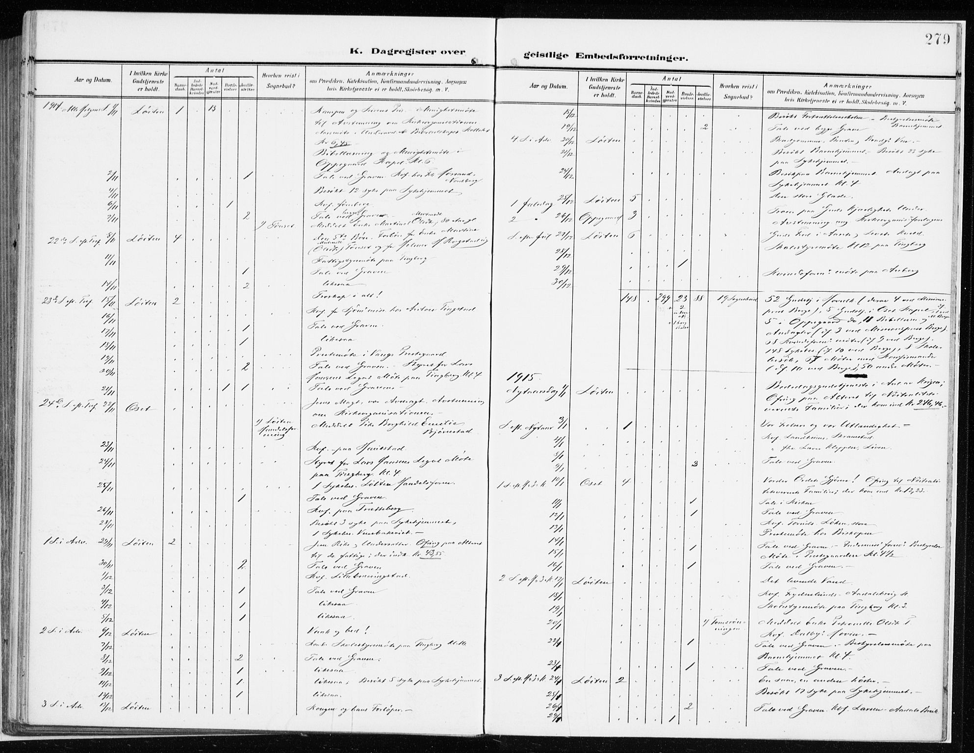 Løten prestekontor, AV/SAH-PREST-022/K/Ka/L0011: Parish register (official) no. 11, 1908-1917, p. 279