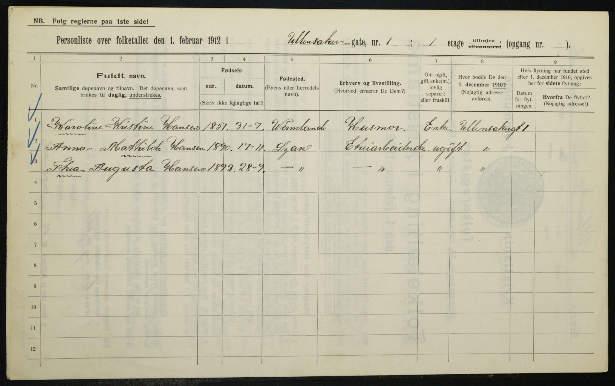 OBA, Municipal Census 1912 for Kristiania, 1912, p. 118718