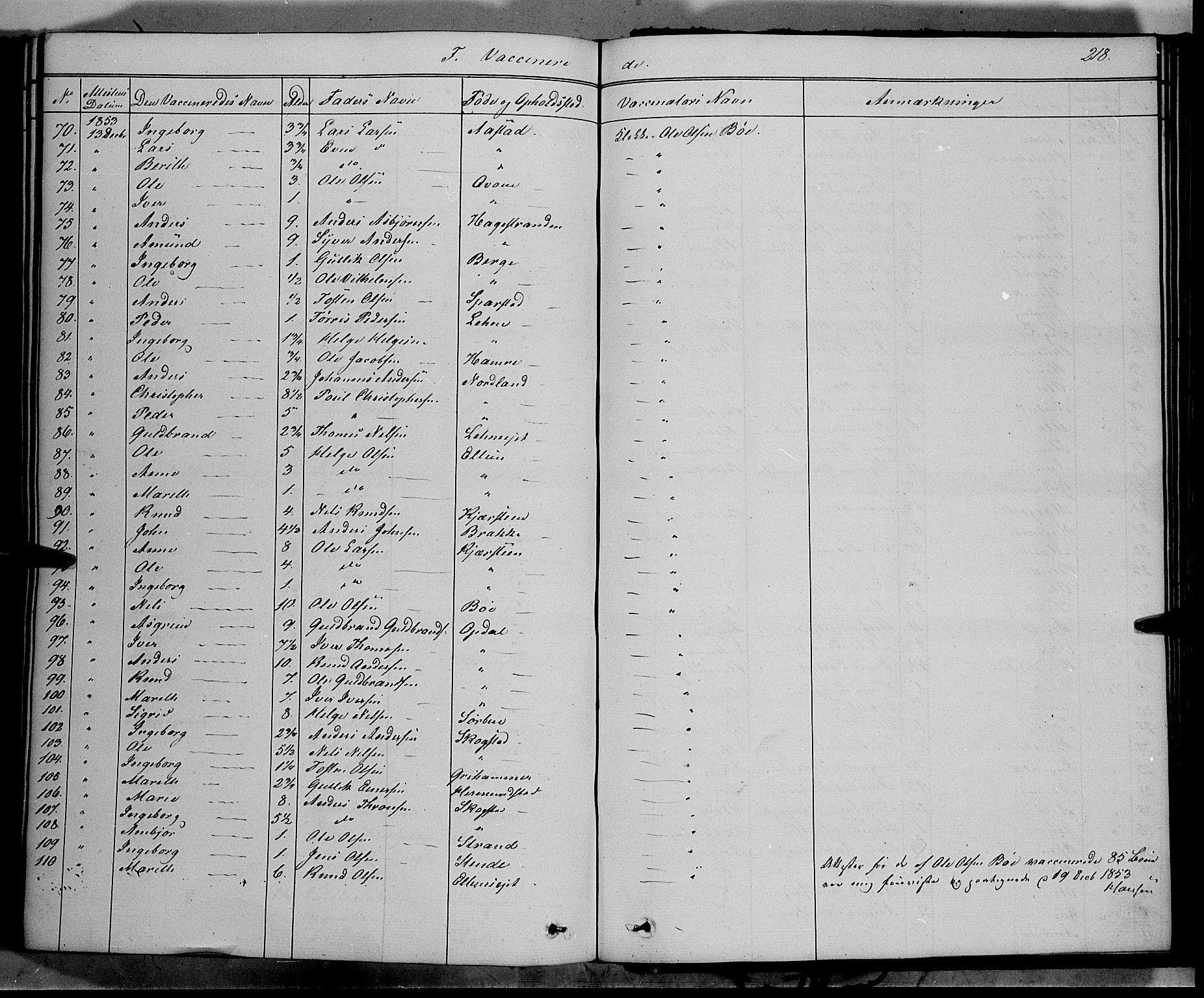 Vang prestekontor, Valdres, SAH/PREST-140/H/Ha/L0006: Parish register (official) no. 6, 1846-1864, p. 218